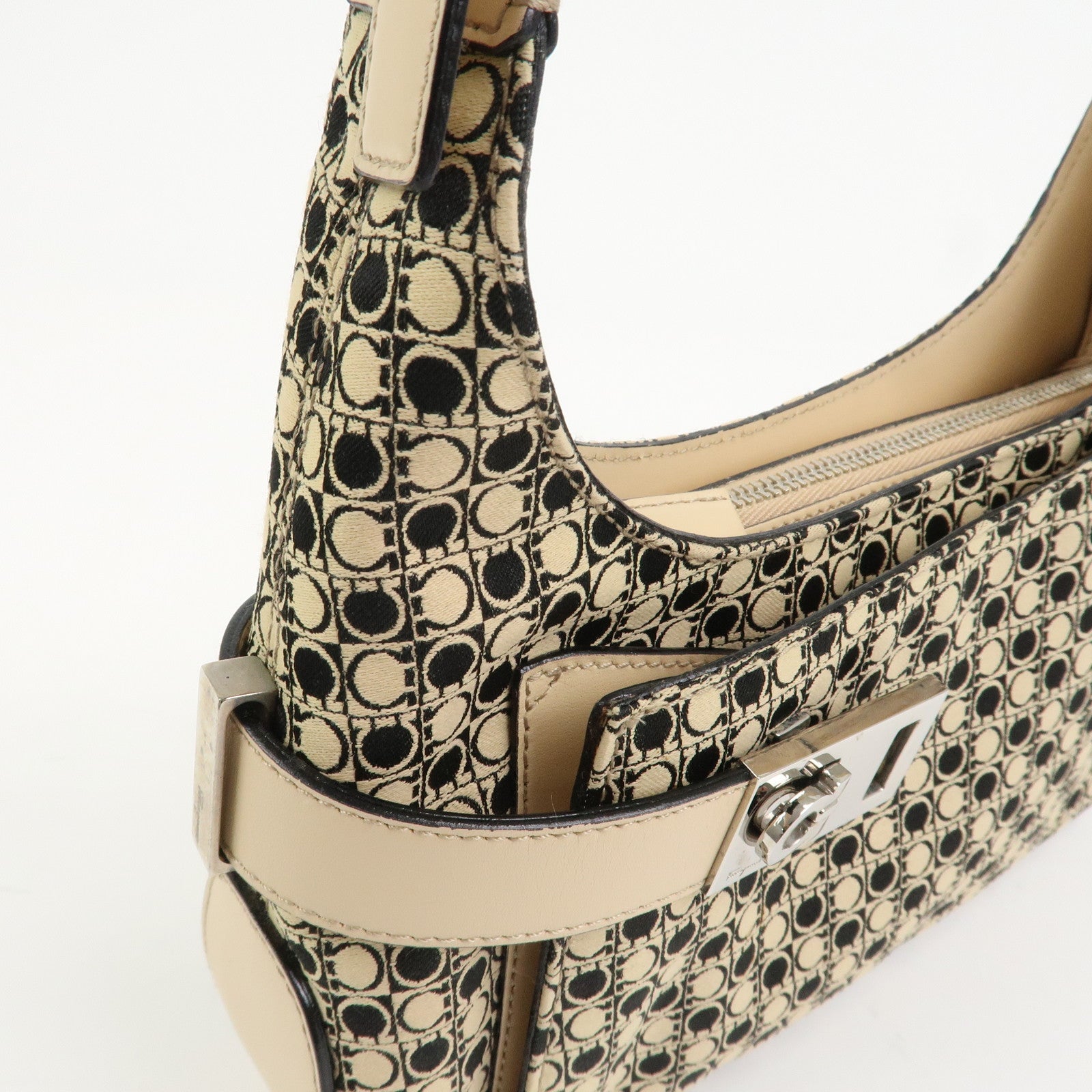 Ferragamo Gancini Canvas Leather Shoulder Bag Hand Bag Beige Black