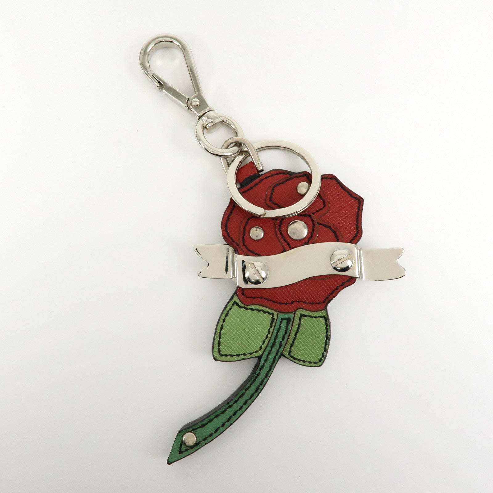 PRADA Saffiano Leather Rose Motif Bag Charm Key Holder Red 1AR290