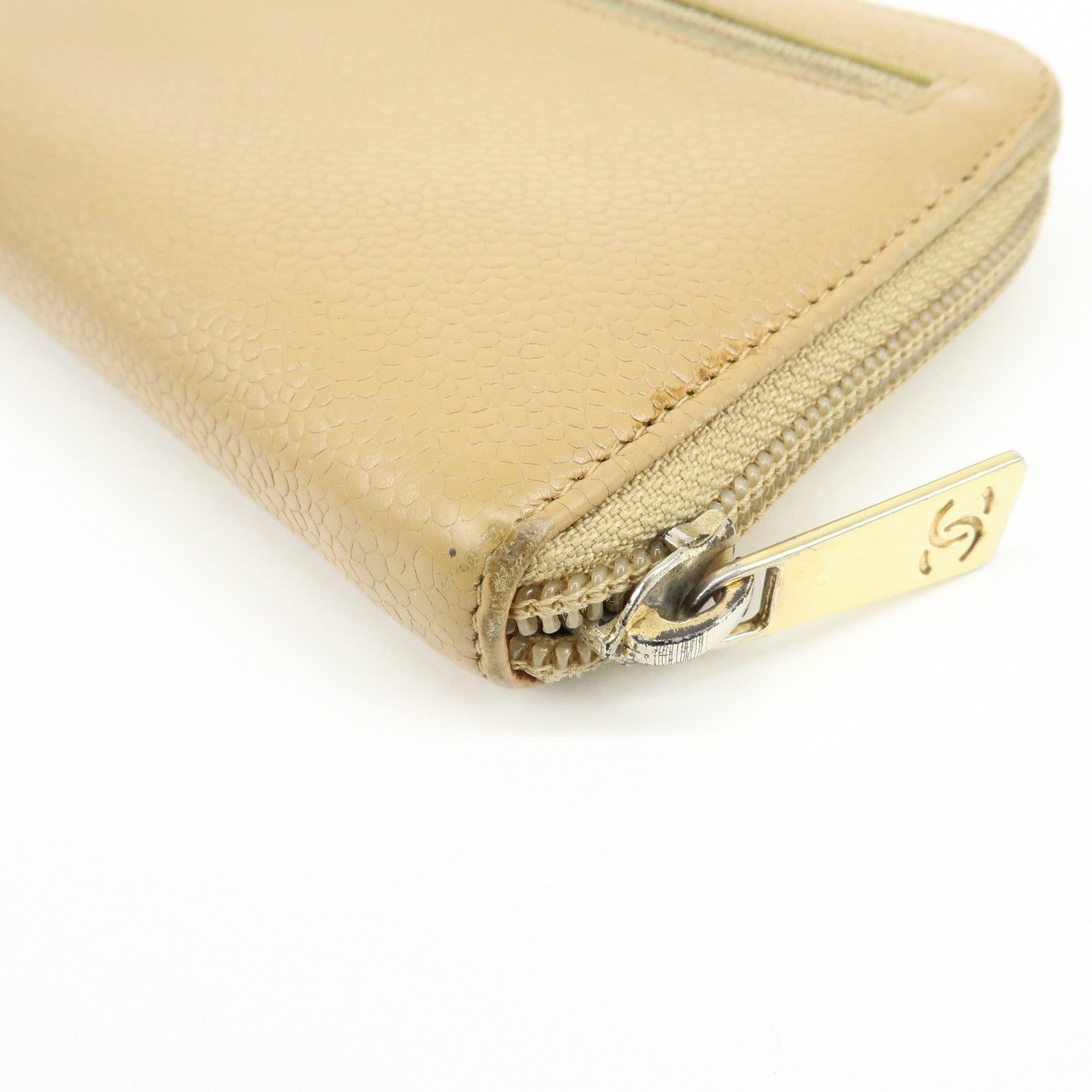 CHANEL Caviarskin Round Zippy Wallet Long Wallet Beige A13228