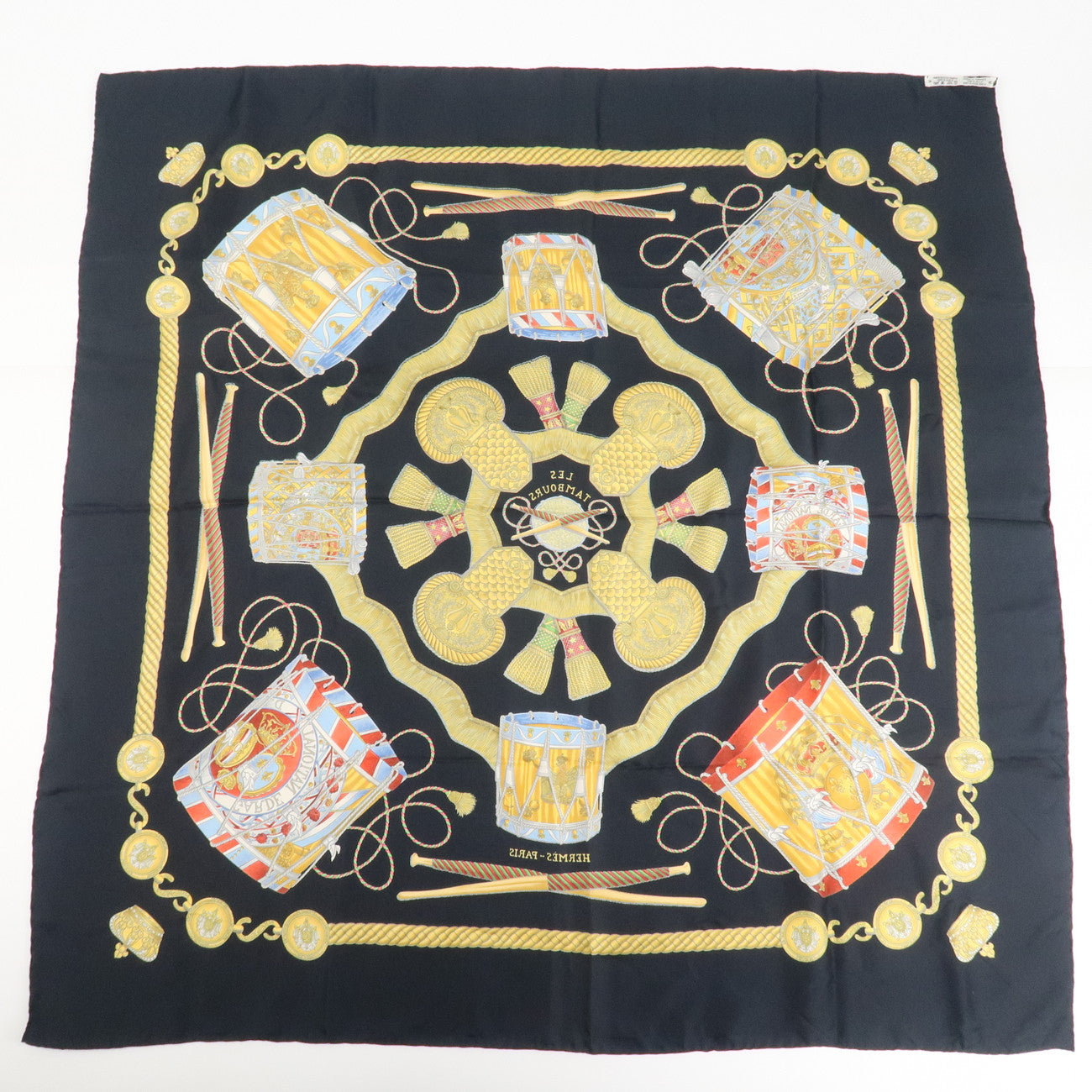 HERMES Carre 90 Silk 100% Scarf LES TAMBOURS Black Multicolor Used
