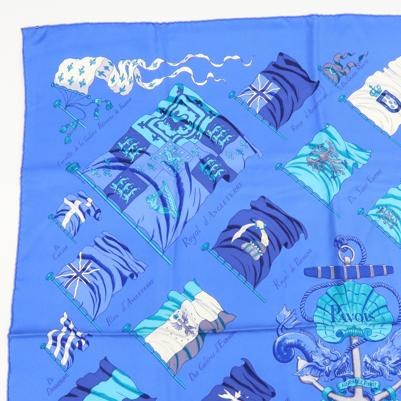 HERMES Carre 90 Silk 100% PAVOIS Scarf Blue