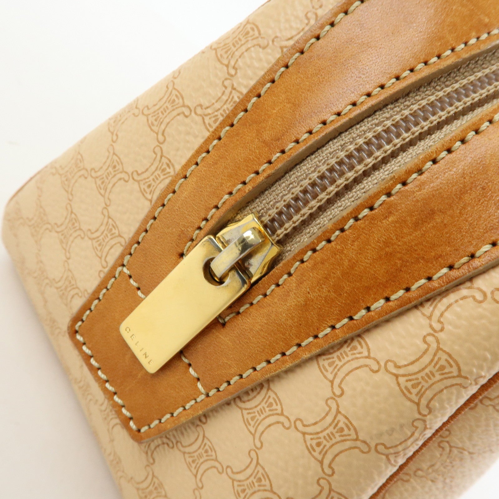 CELINE Macadam PVC Leather Hand Bag Boston Bag Beige Camel