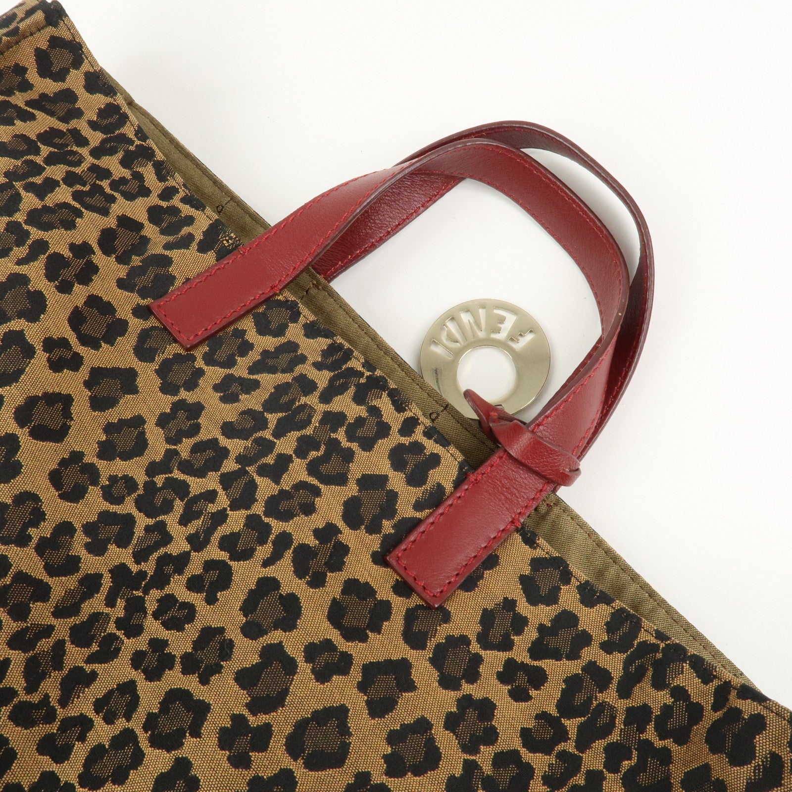 FENDI Canvas Leather Leopard Tote Bag Hand Bag Brown Red 8BH173