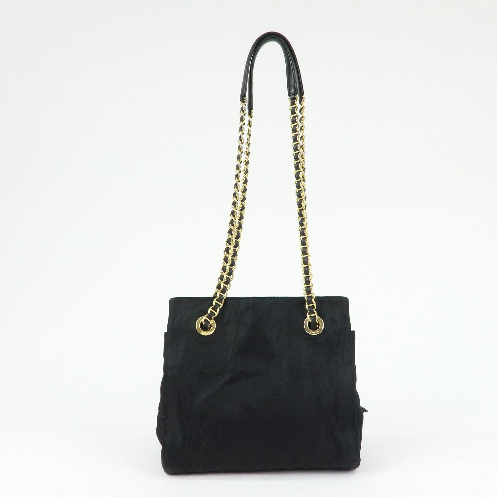 PRADA Triangle Logo Nylon Leather Chain Shoulder Bag Black B4394