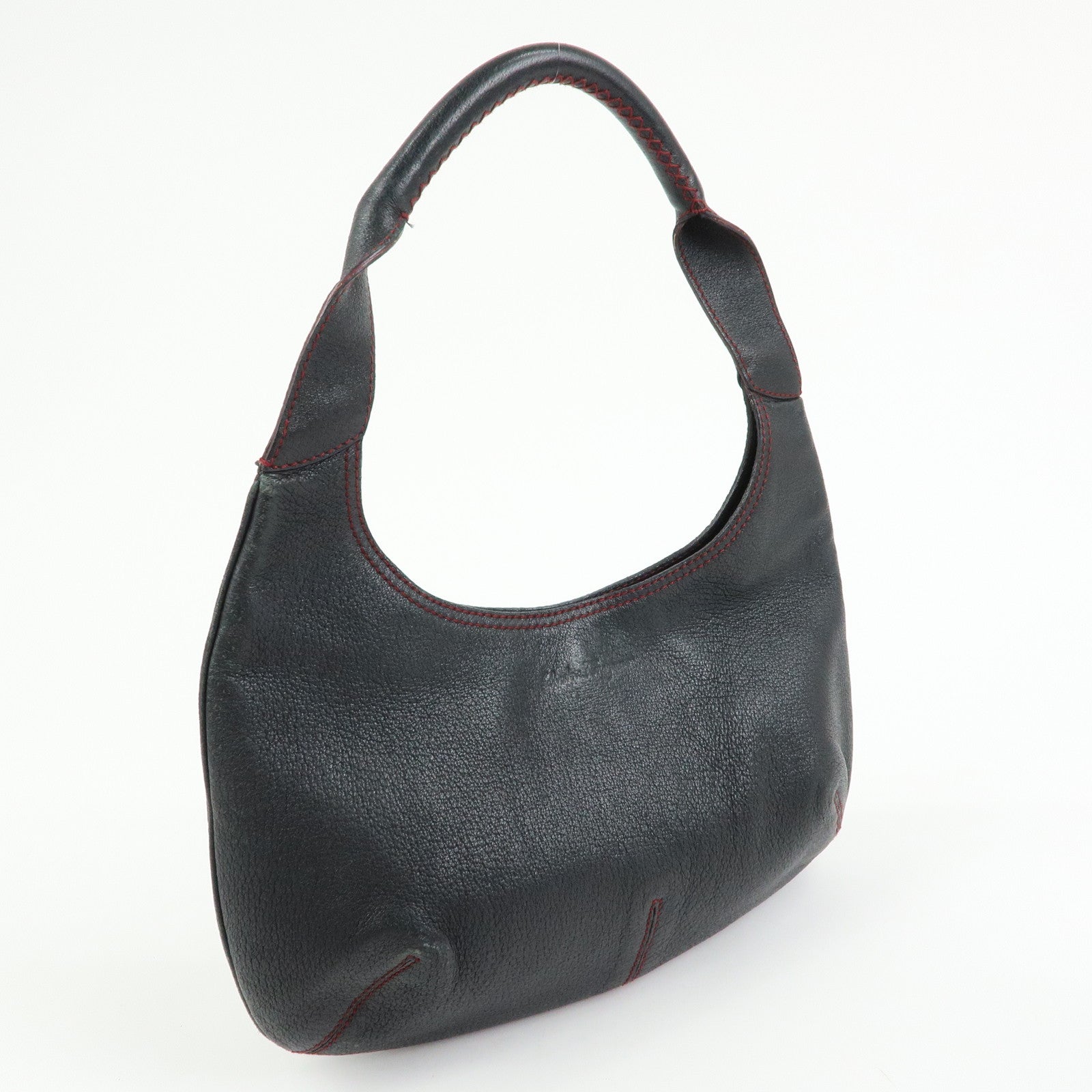 Ferragamo Leather Red Stich Shoulder Bag Hand Bag Black