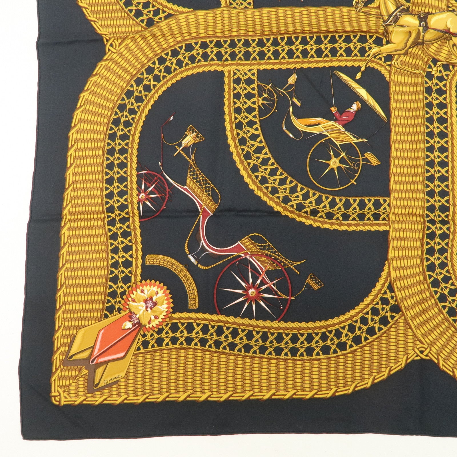 HERMES Carre 90 Silk 100% Scarf GRAND APPARAT Black Gold Used
