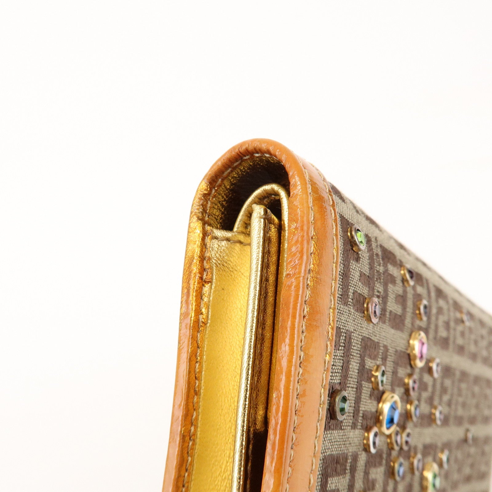 FENDI Zucchino Canvas Leather Chain Long Wallet Brown Gold 8M0219