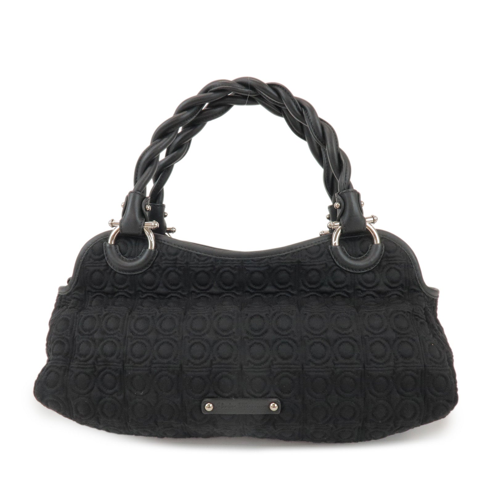 Ferragamo Gancini Canvas Leather Hand Bag Shoulder Bag Black