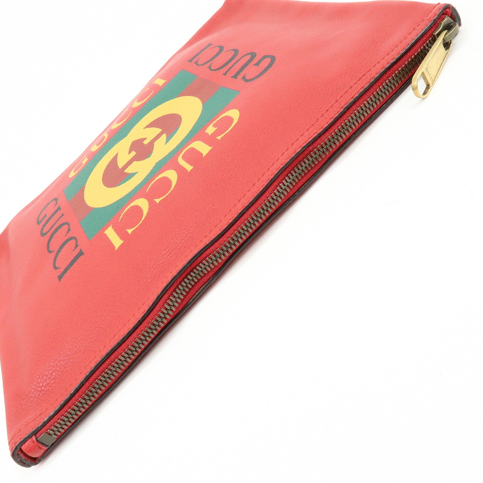 GUCCI Vintage Logo Medium Portfolio Leather Clutch Bag Red 500981