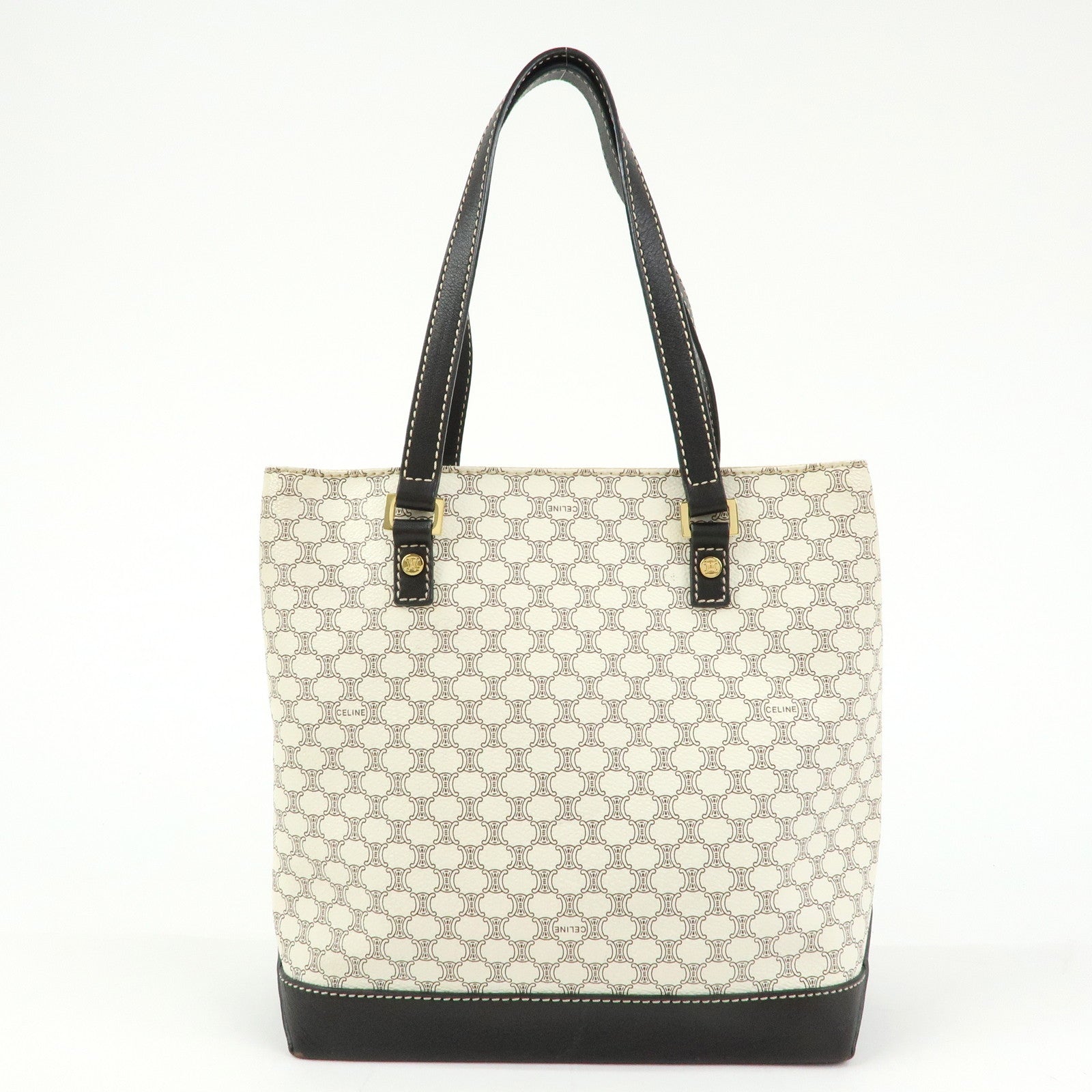 CELINE Macadam PVC Coated Canvas Leather Tote Bag White Dark Brown