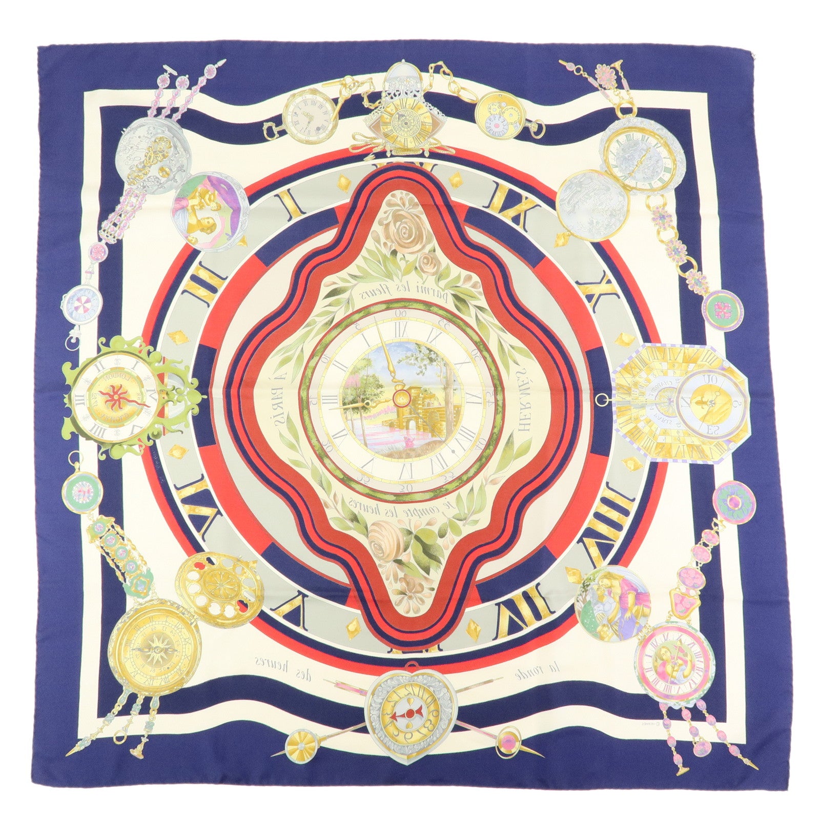HERMES Carre90 Silk100% armi les fleurs je compte les heures Scarf