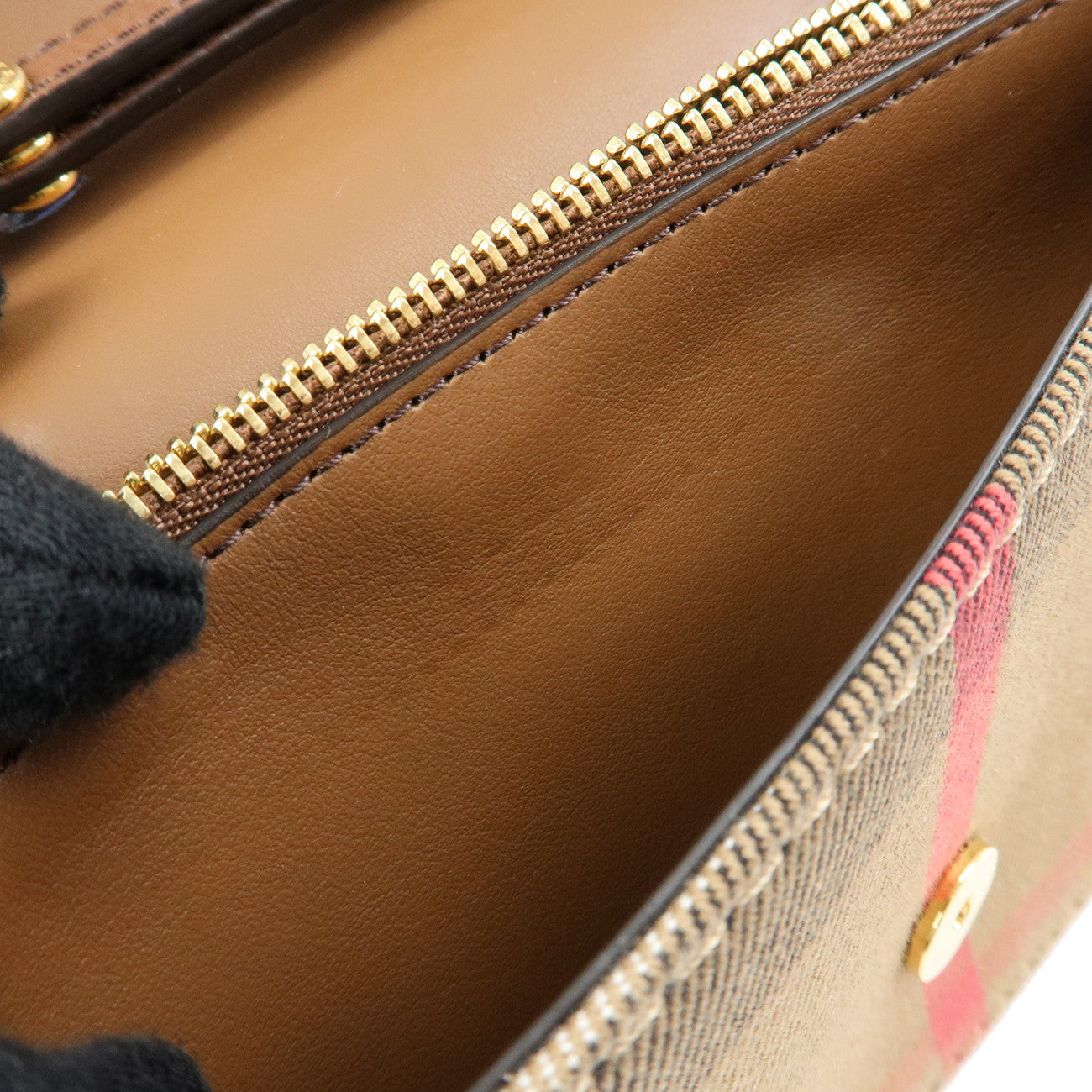 BURBERRY Nova Plaid Leather Canvas Chain Shoulder Bag Brown Beige