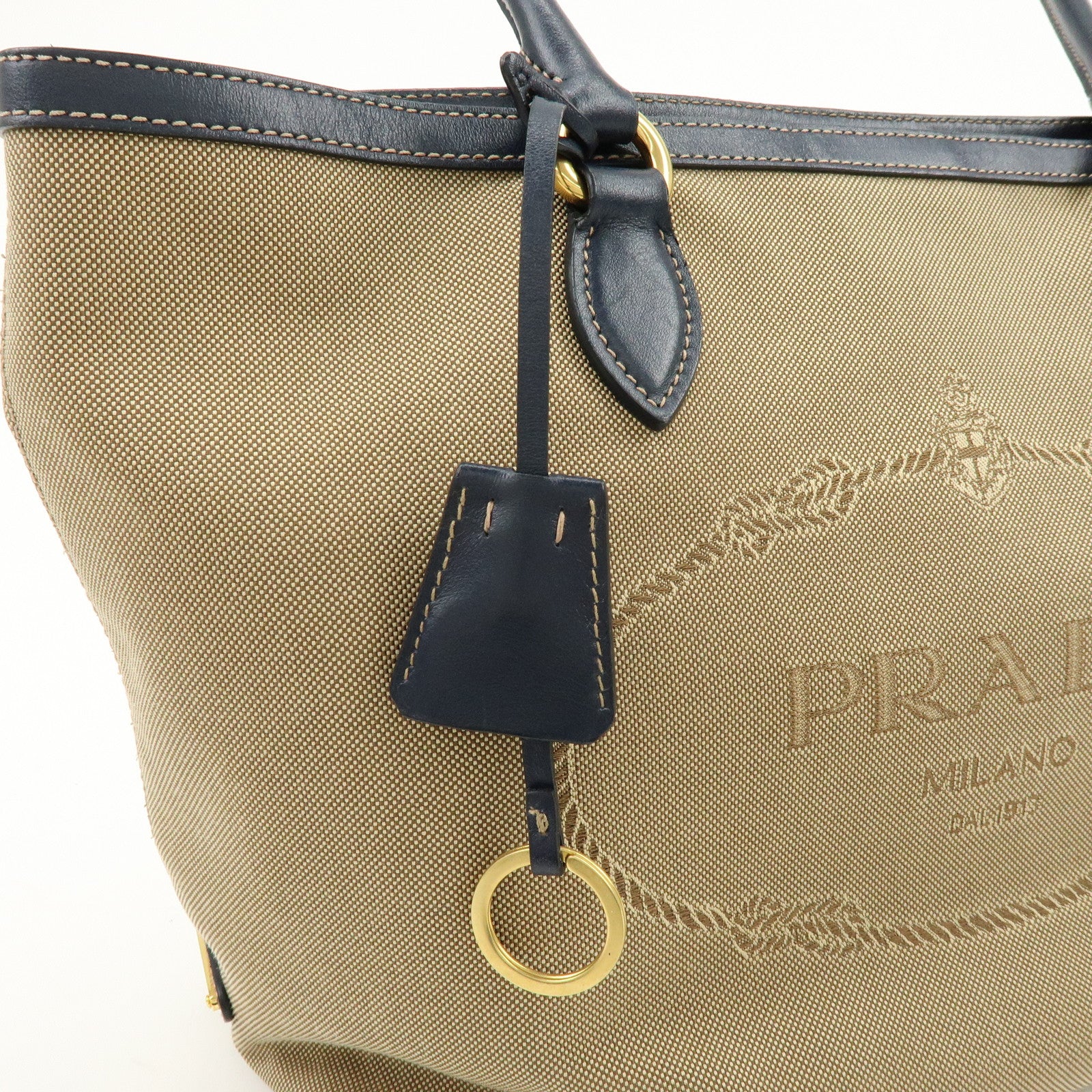 PRADA Logo Jacquard Leather Tote Bag Hand Bag Beige Navy