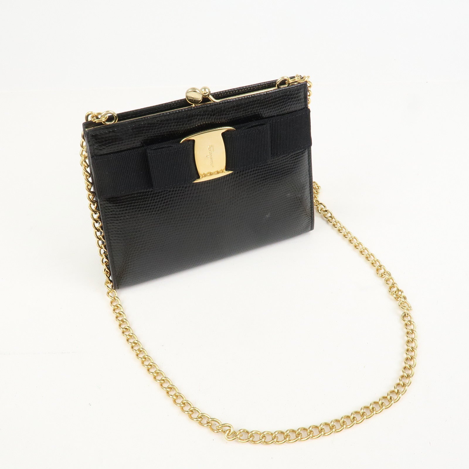 Ferragamo Vara Ribbon Embossed Leather Chain Shoulder Bag Black