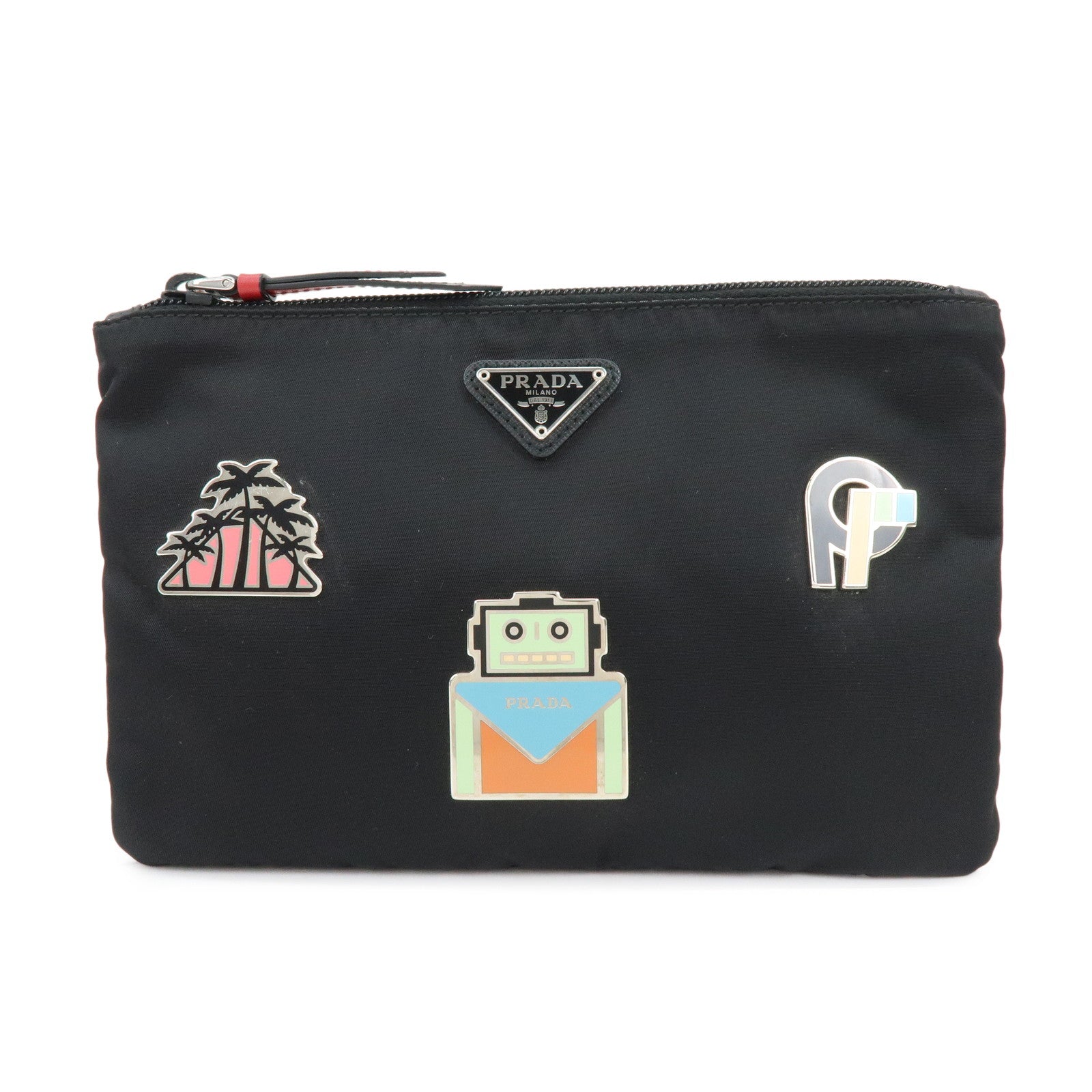 PRADA Triangle Logo Palm Tree Robot Motif Pouch Cosmetic Bag Black