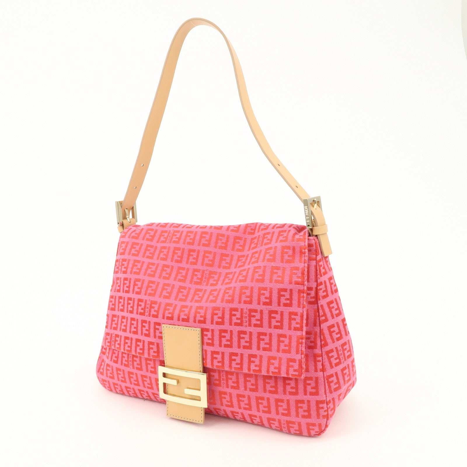FENDI Mamma Baguette Zucchino Canvas Leather Shoulder Bag Pink