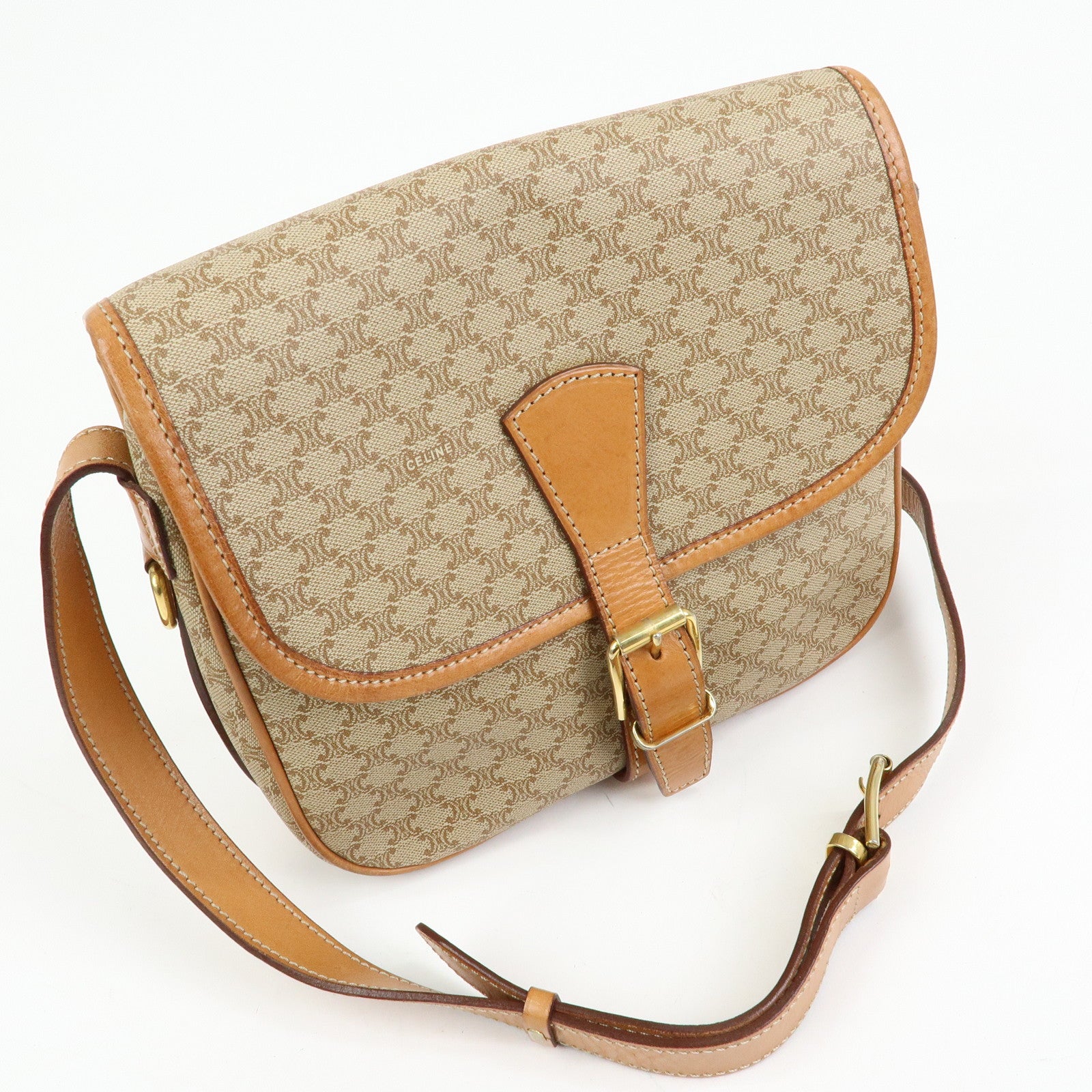 CELINE Macadam PVC Leather Shoulder Bag Beige Brown