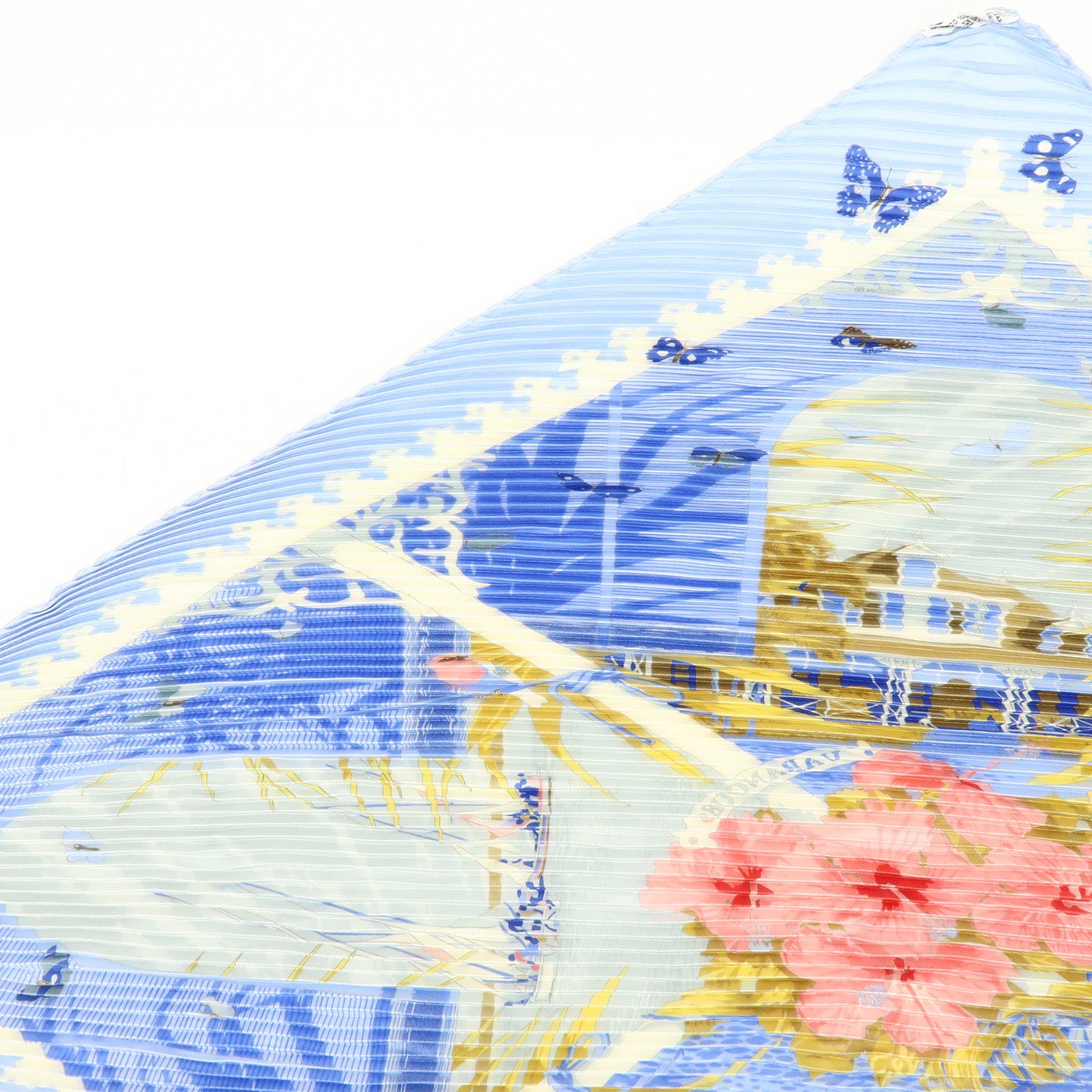 HERMES Pleats Carre Silk 100% Scarf VARANGUES Blue Pink