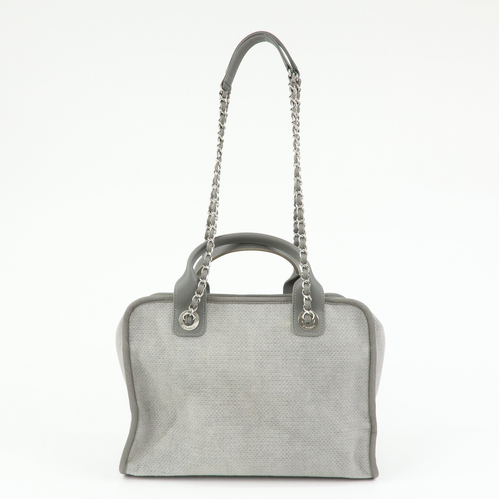 CHANEL Deauville Canvas Leather 2Way Boston Chain Shoulder Bag Gray