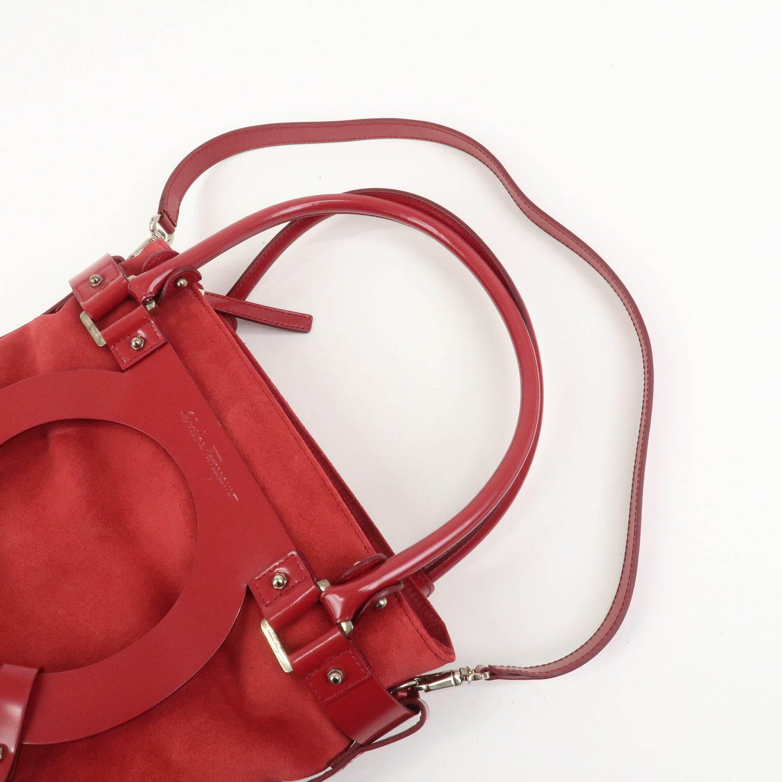 Ferragamo Gancini Suede Leather 2Way Bag Hand Bag Shoulder Bag Red