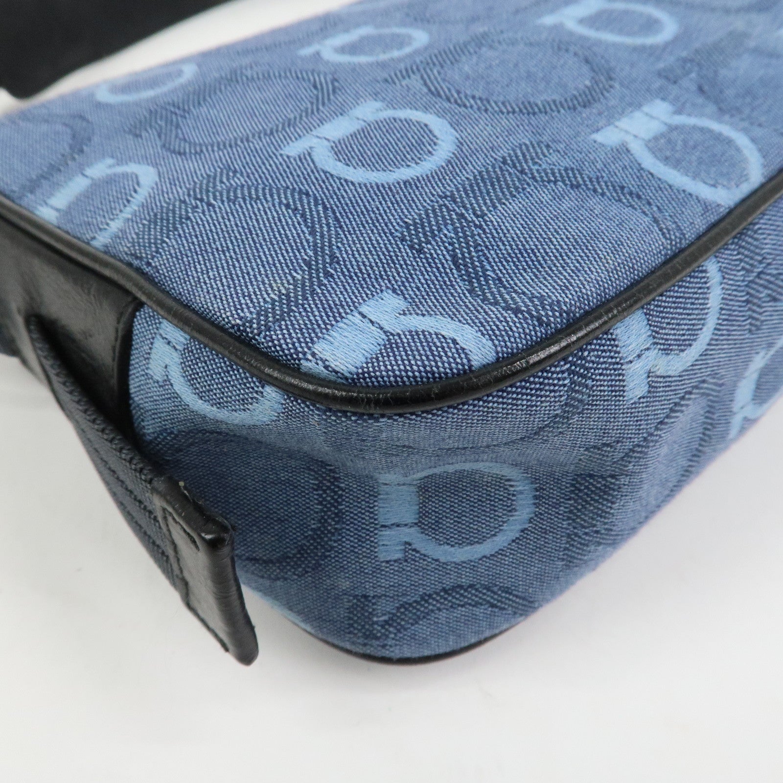 Ferragamo Gancini Canvas Leather Shoulder Bag Blue Black