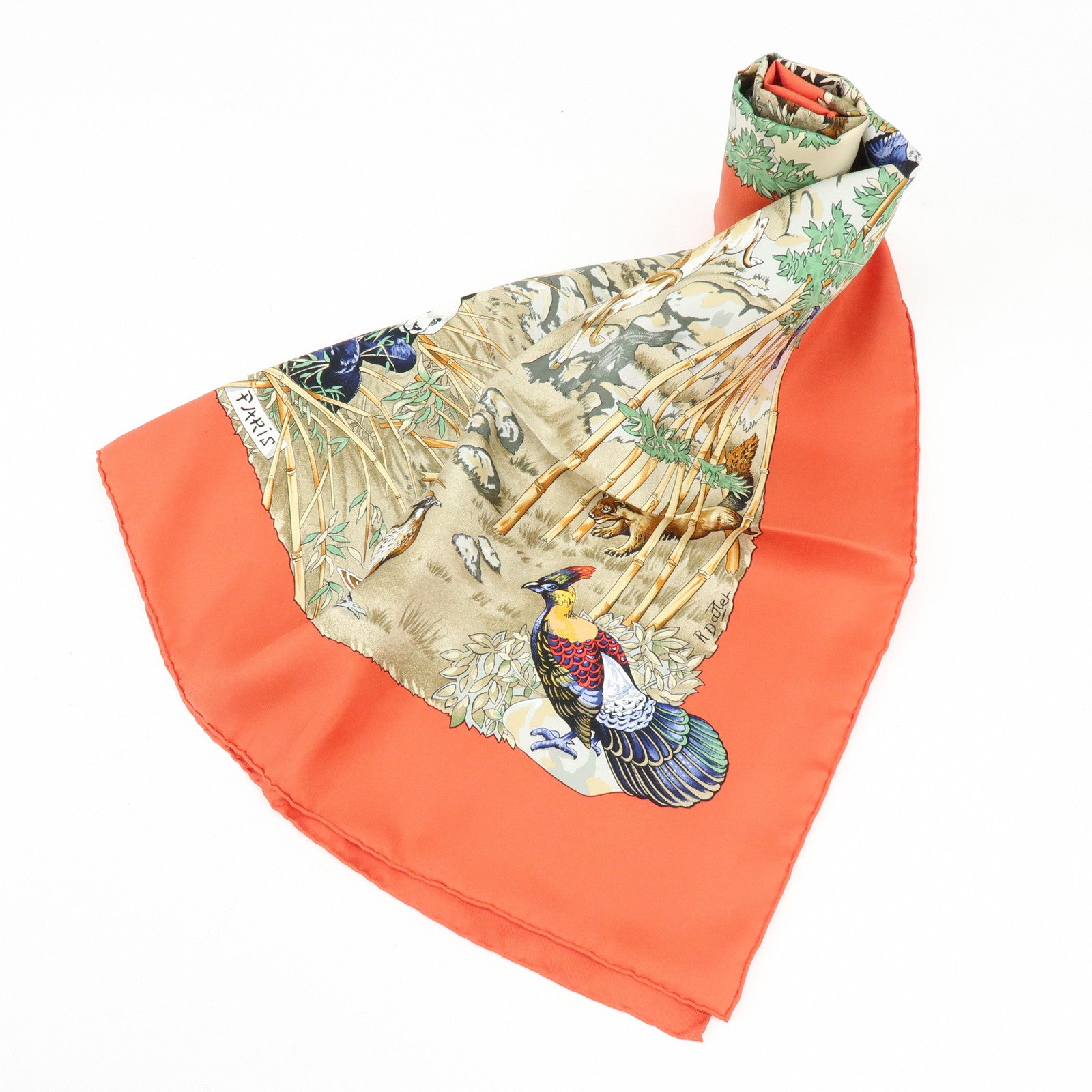 HERMES Carre 90 Silk 100% Scarf Sichuan Province Orange Beige