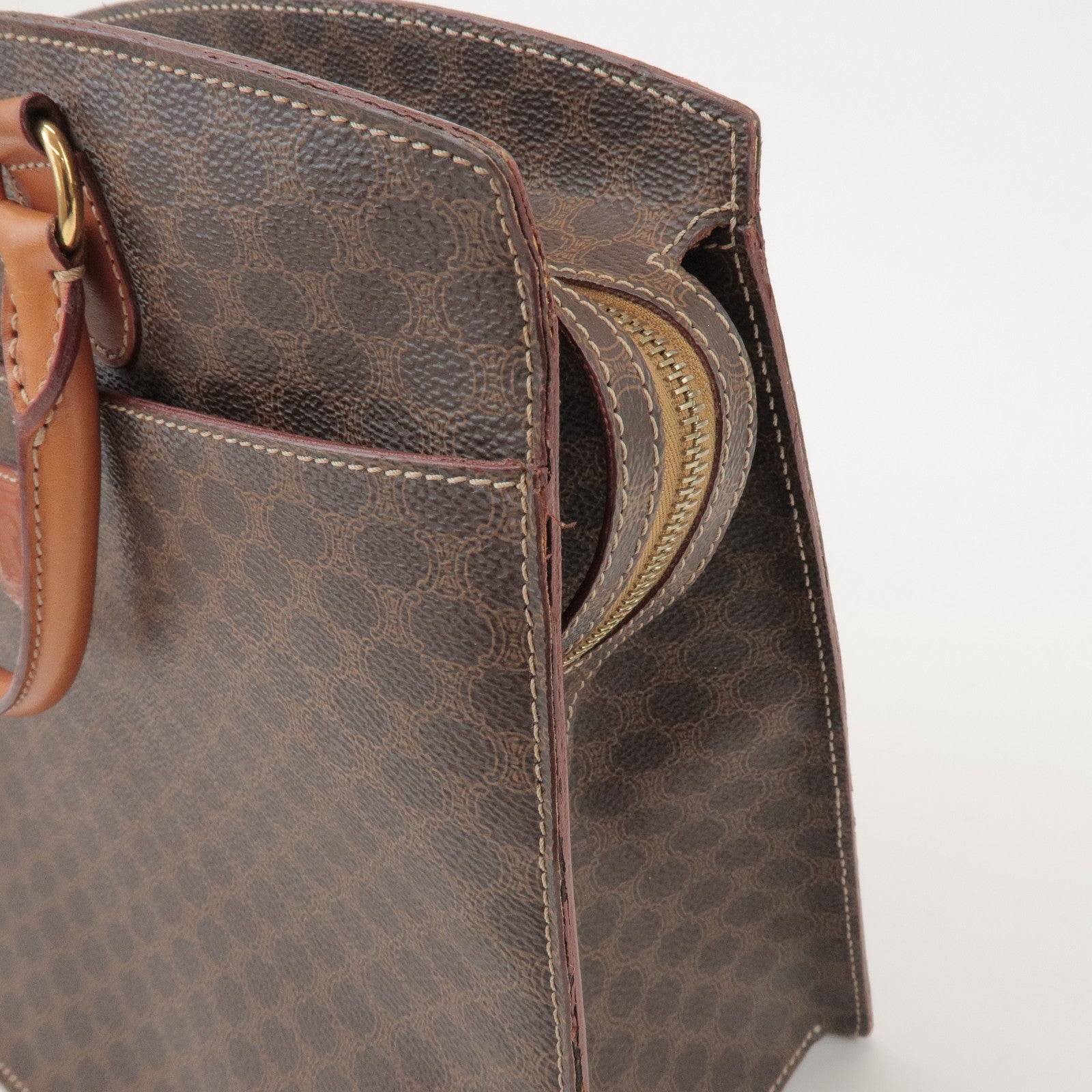 CELINE Macadam PVC Coated Canvas Leather Hand Bag Tote Bag Brown