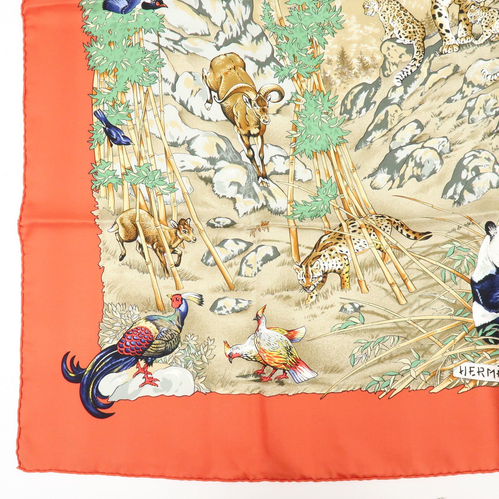 HERMES Carre 90 Silk 100% Scarf Sichuan Province Orange Beige