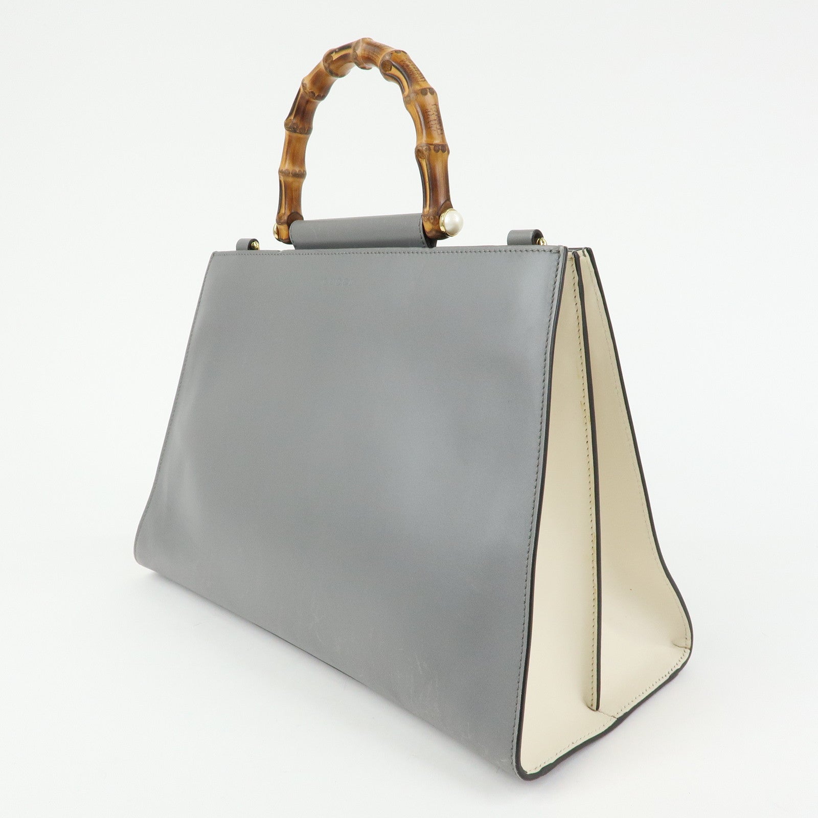 GUCCI Sherry Bamboo Nymphaea Leather 2Way Bag Gray White 453764