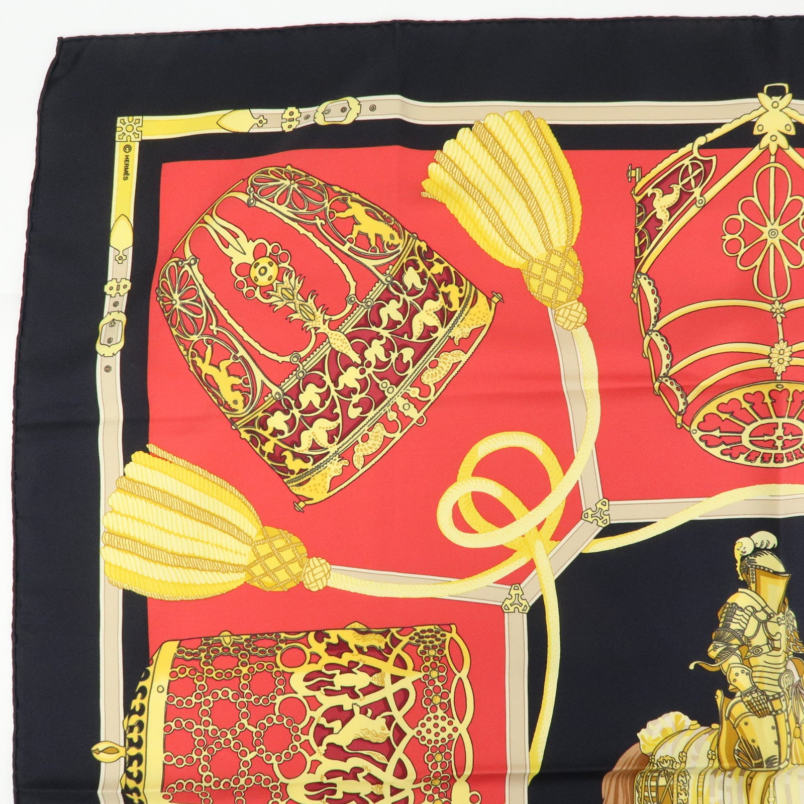 HERMES Carre 90 Silk 100% Scarf LES MUSEROLLES Black Red Gold