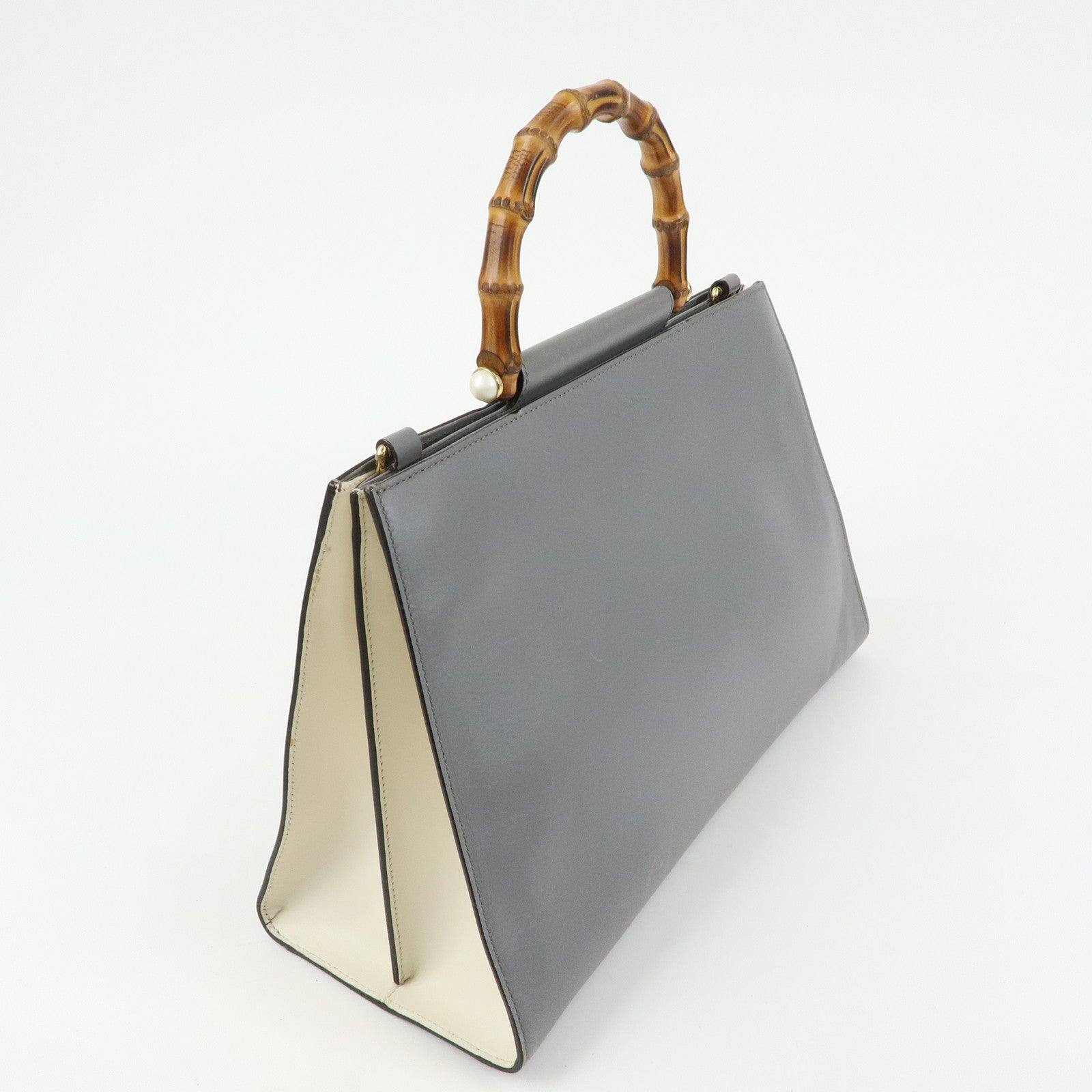 GUCCI Sherry Bamboo Nymphaea Leather 2Way Bag Gray White 453764