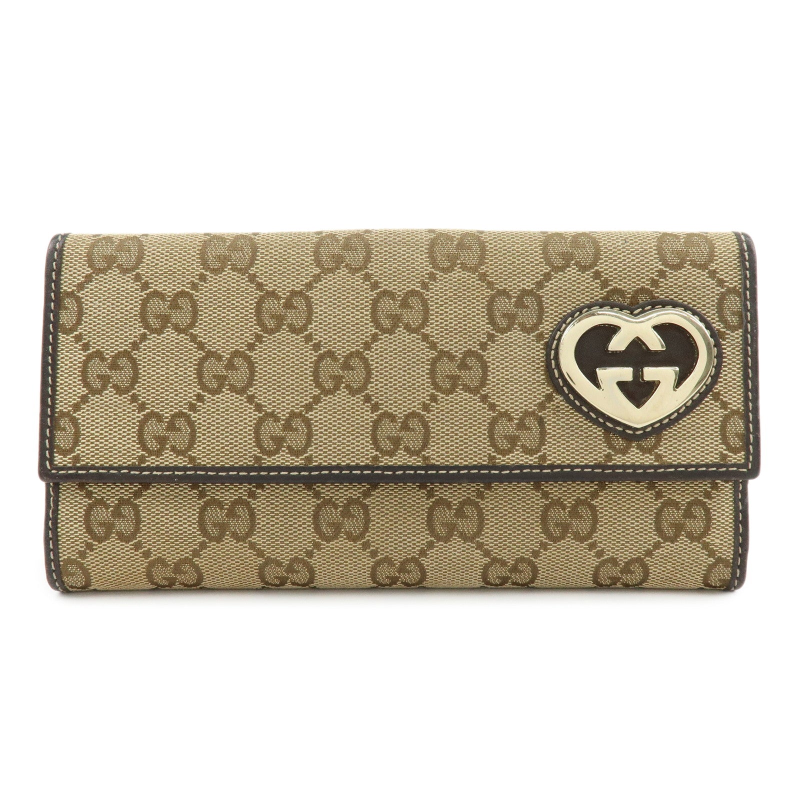 GUCCI Lovely Heart GG Canvas Leather Long Wallet Brown 245723