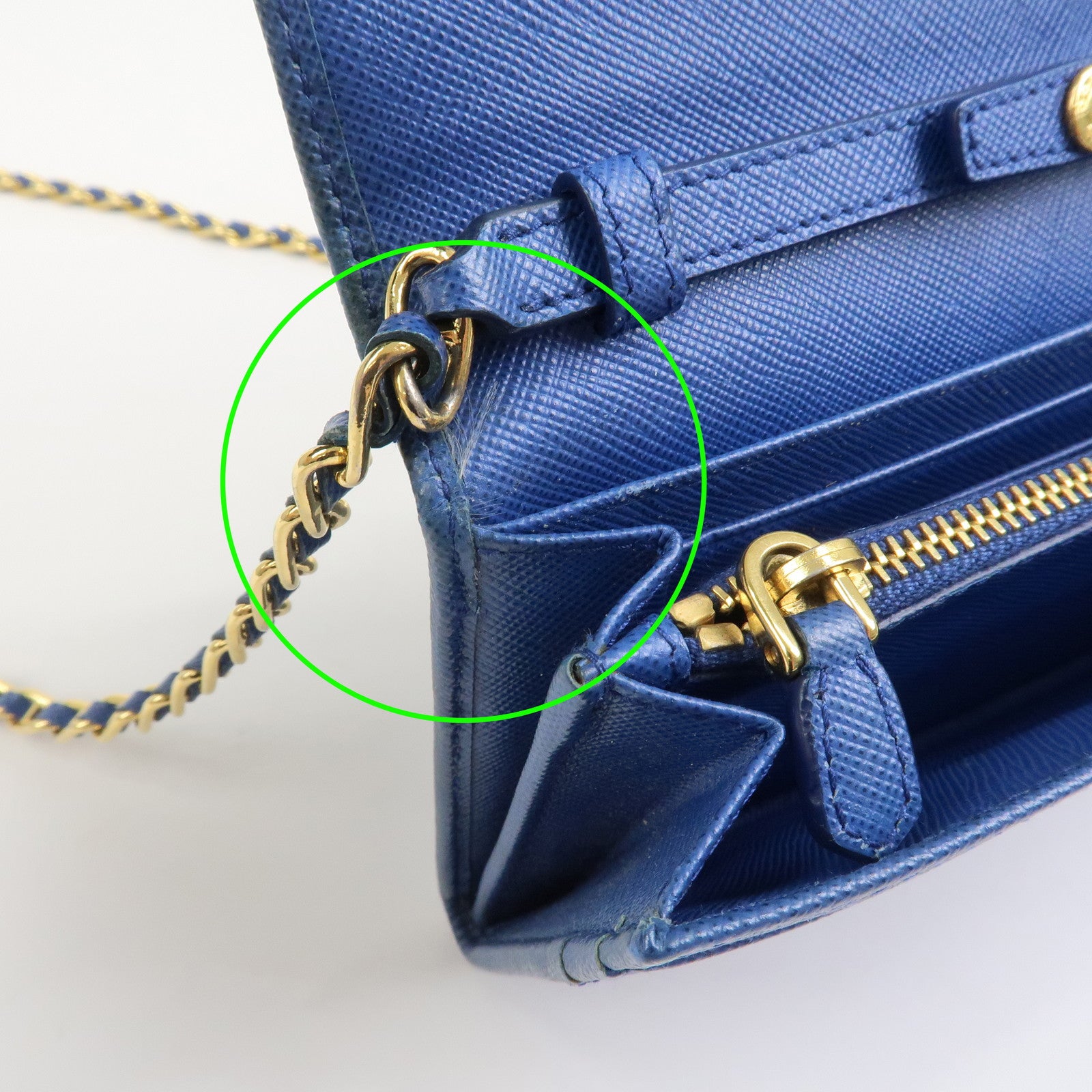 PRADA Logo Saffiano Leather Chain Shoulder Wallet WOC Blue 1M1290