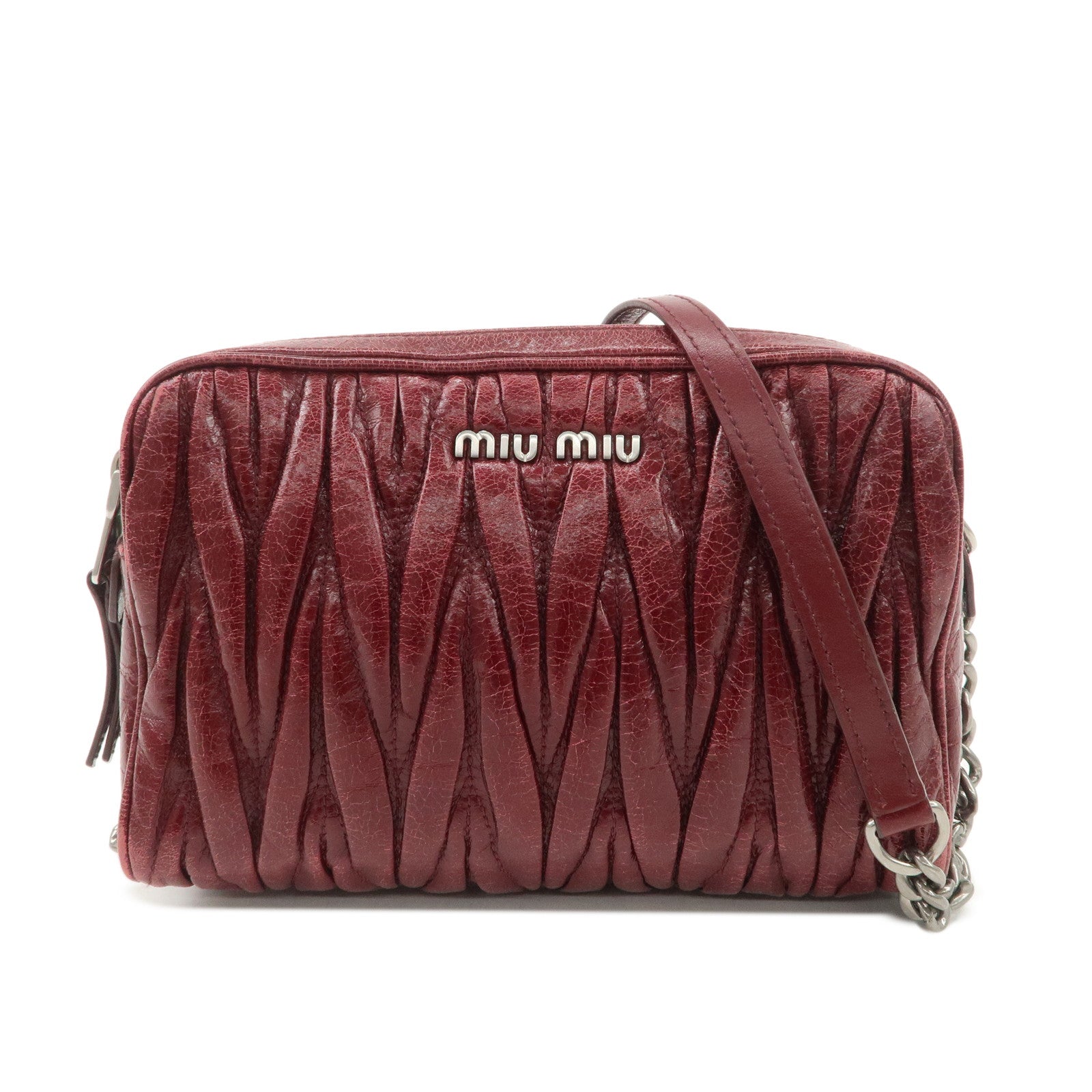 MIUMIU Matelasse Leather Shoulder Bag Burgundy Silver Hardware Used