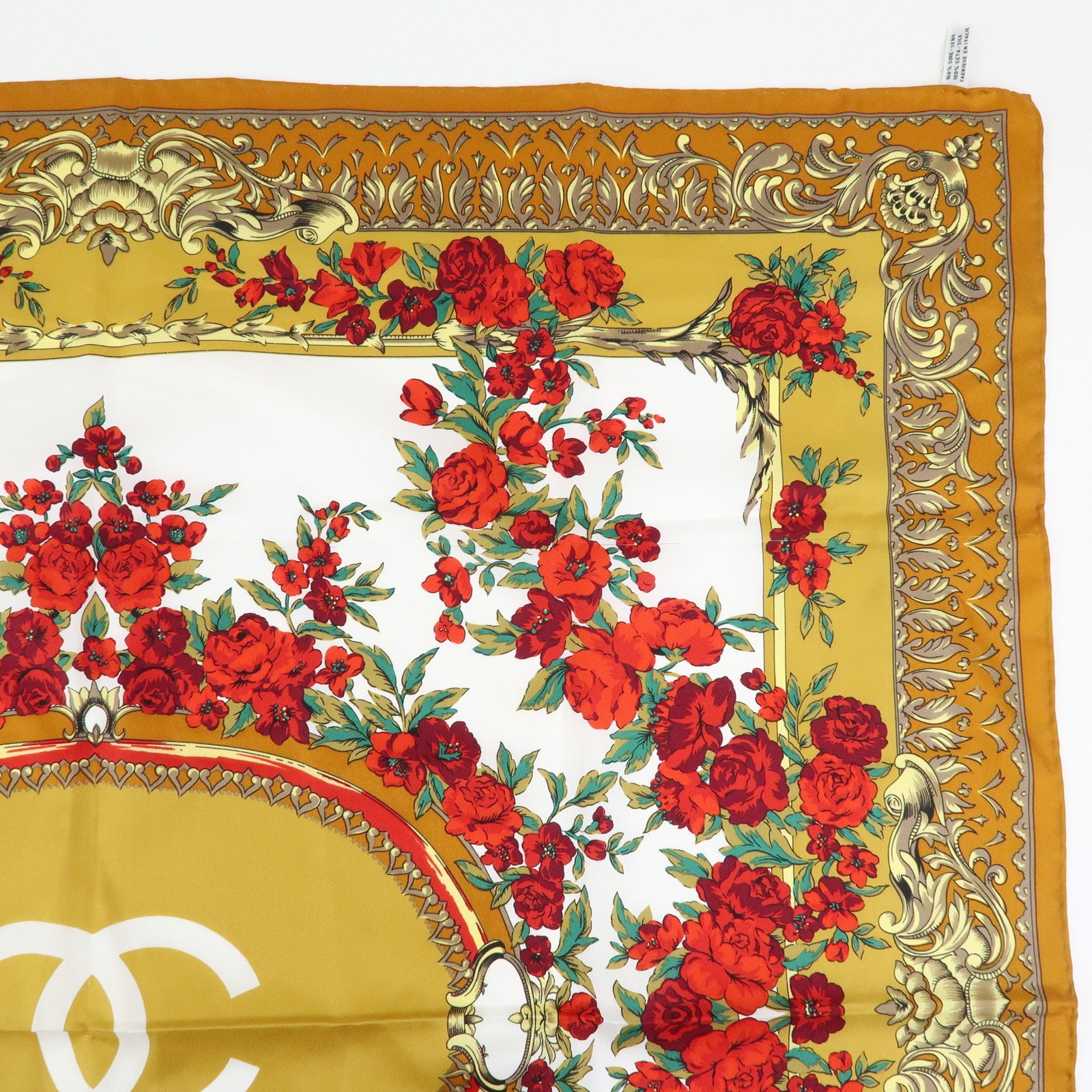CHANEL Silk 100% Scarf COCO Mark Flower Motif Gold Red