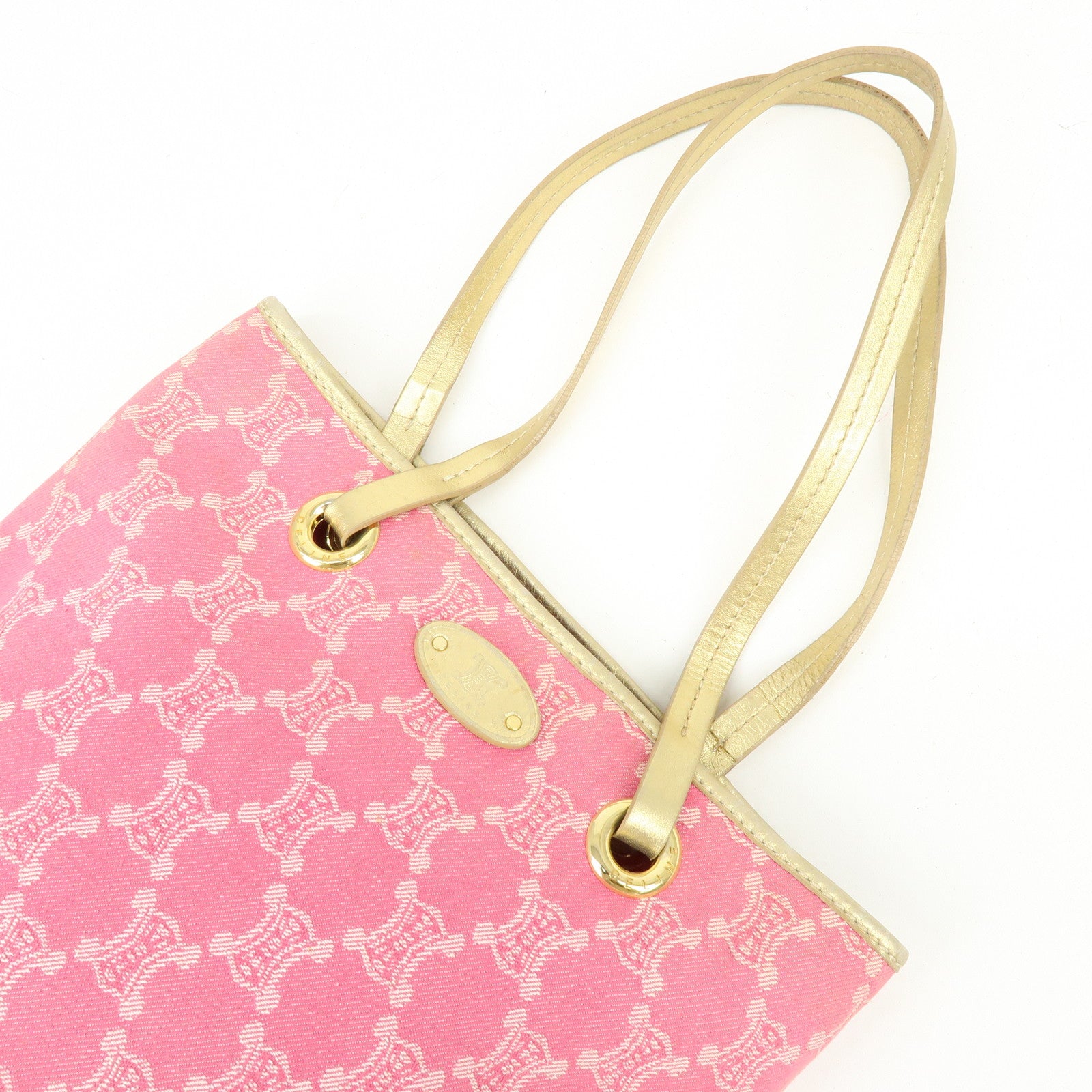 CELINE Macadam Logo Canvas Leather Tote Bag Shoulder Bag Pink Gold