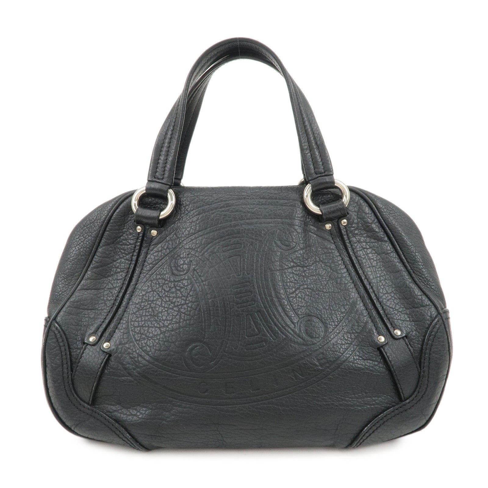 CELINE Leather Boston Bag Hand Bag Black Silver Hardware Used