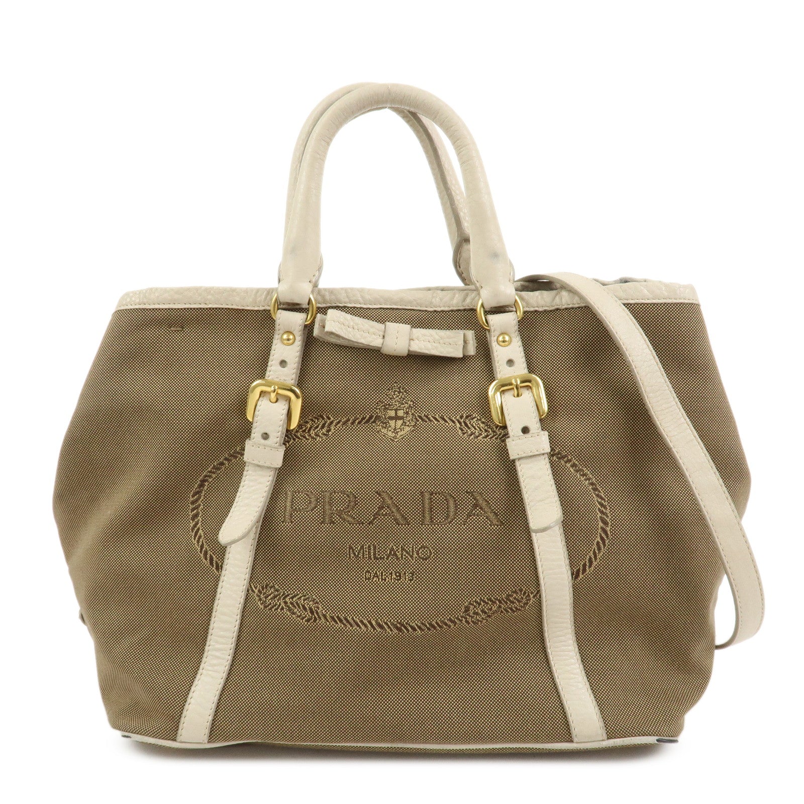 PRADA Logo Jacguard Leather 2Way Tote Bag Brown Ivory BN1841