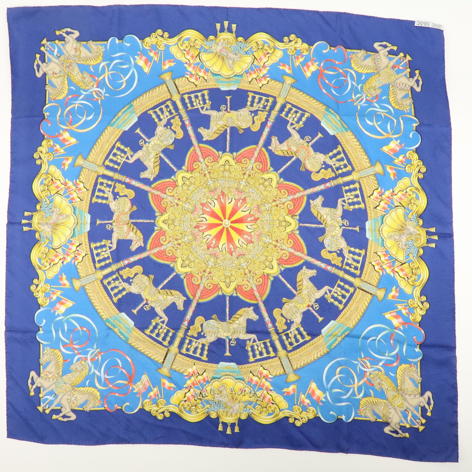 HERMES Carre 90 Silk 100% LUNA PARK Scarf Blue Gold
