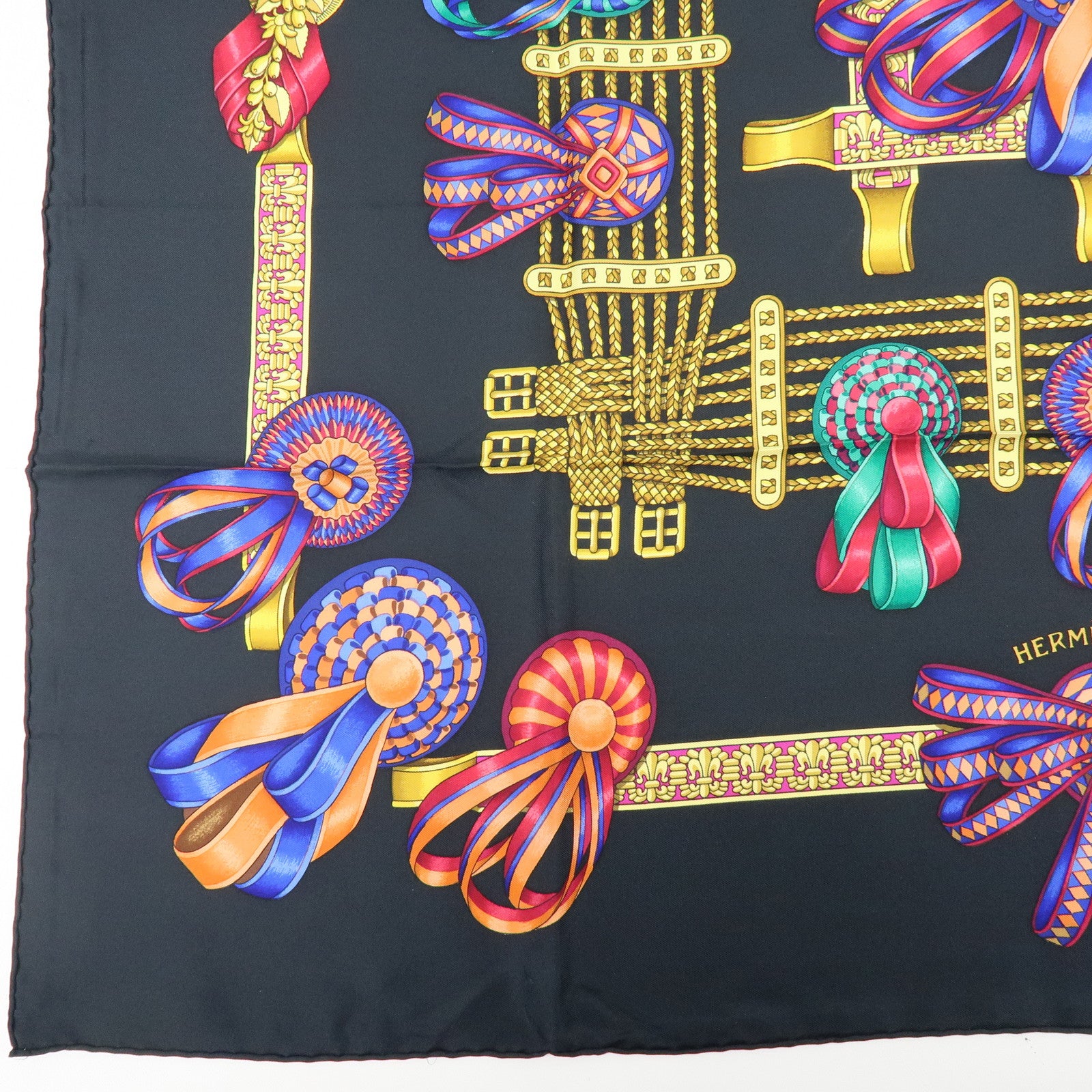 HERMES Carre 90 Silk 100% Scarf LES RUBANS DU CHEVAL Black