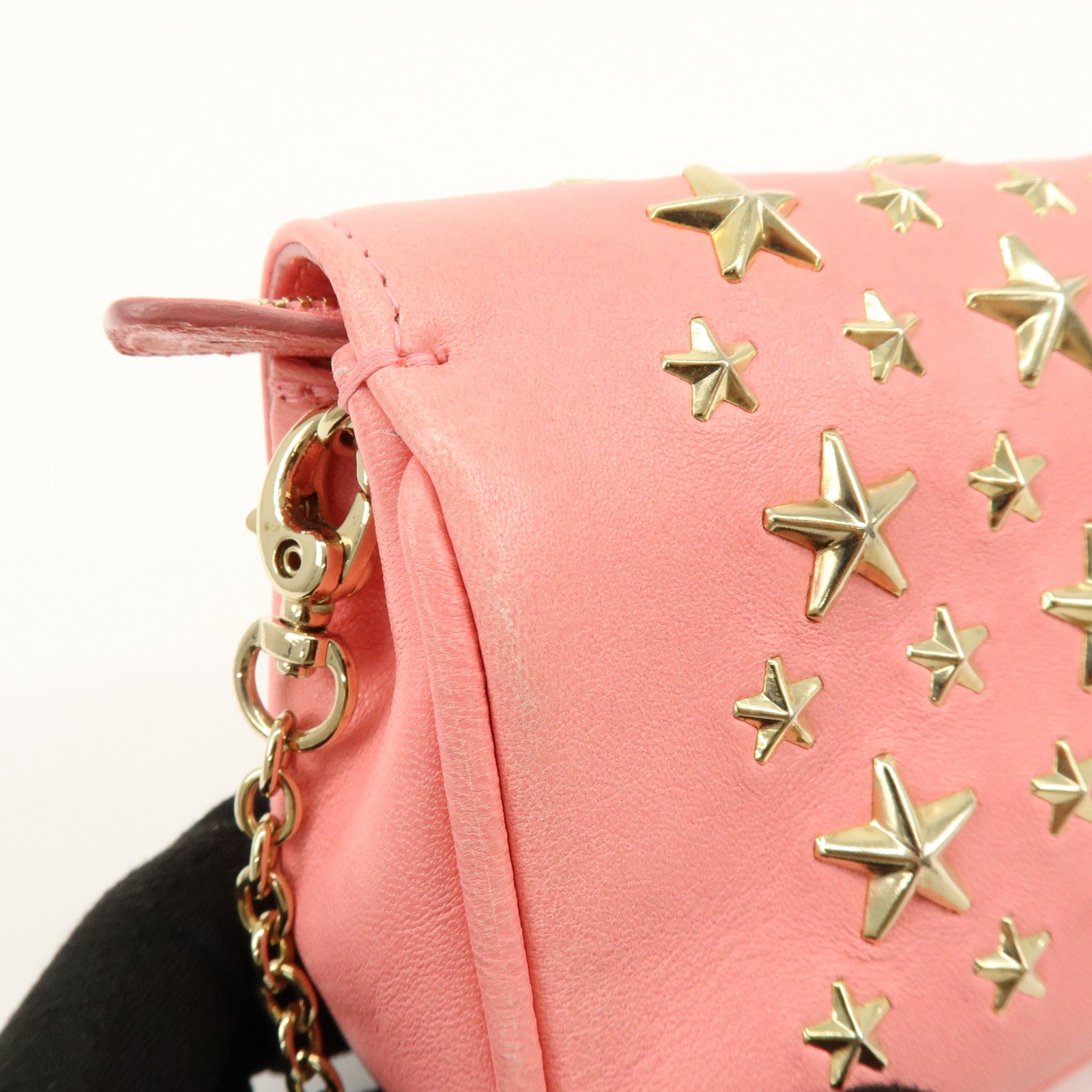 JIMMY CHOO Studs Leather Chain Shoulder Bag Crossbody Bag Pink