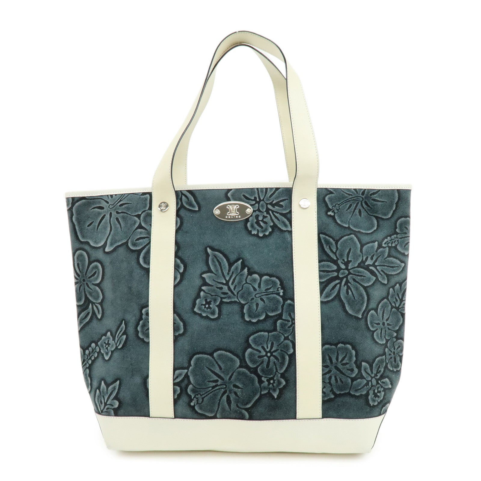 CELINE Hibiscus Motif Suede Leather Tote Bag Gray Ivory