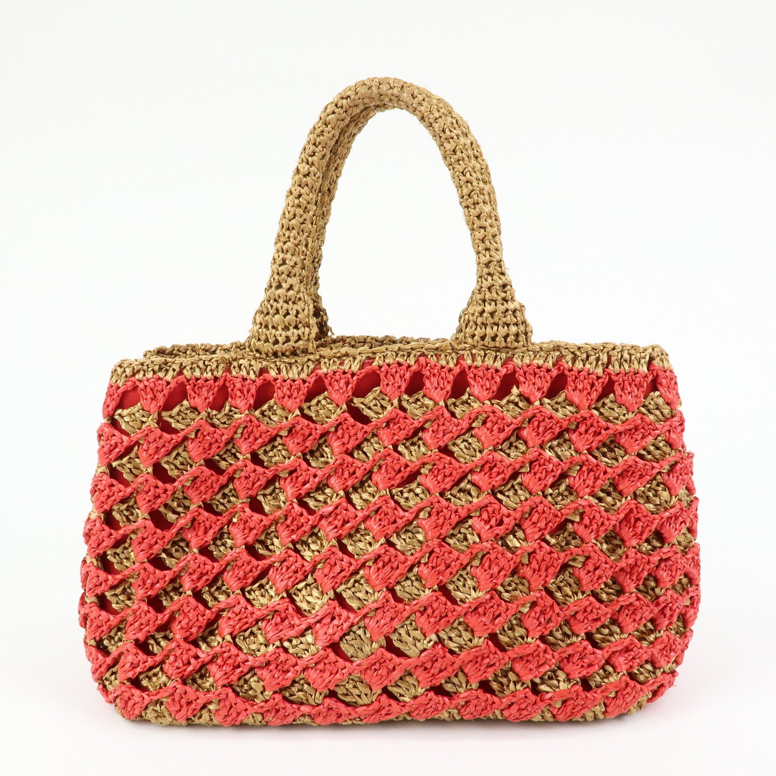 PRADA Triangle Logo Raffia 2Way Bag Hand Bag Shoulder Bag Red Brown