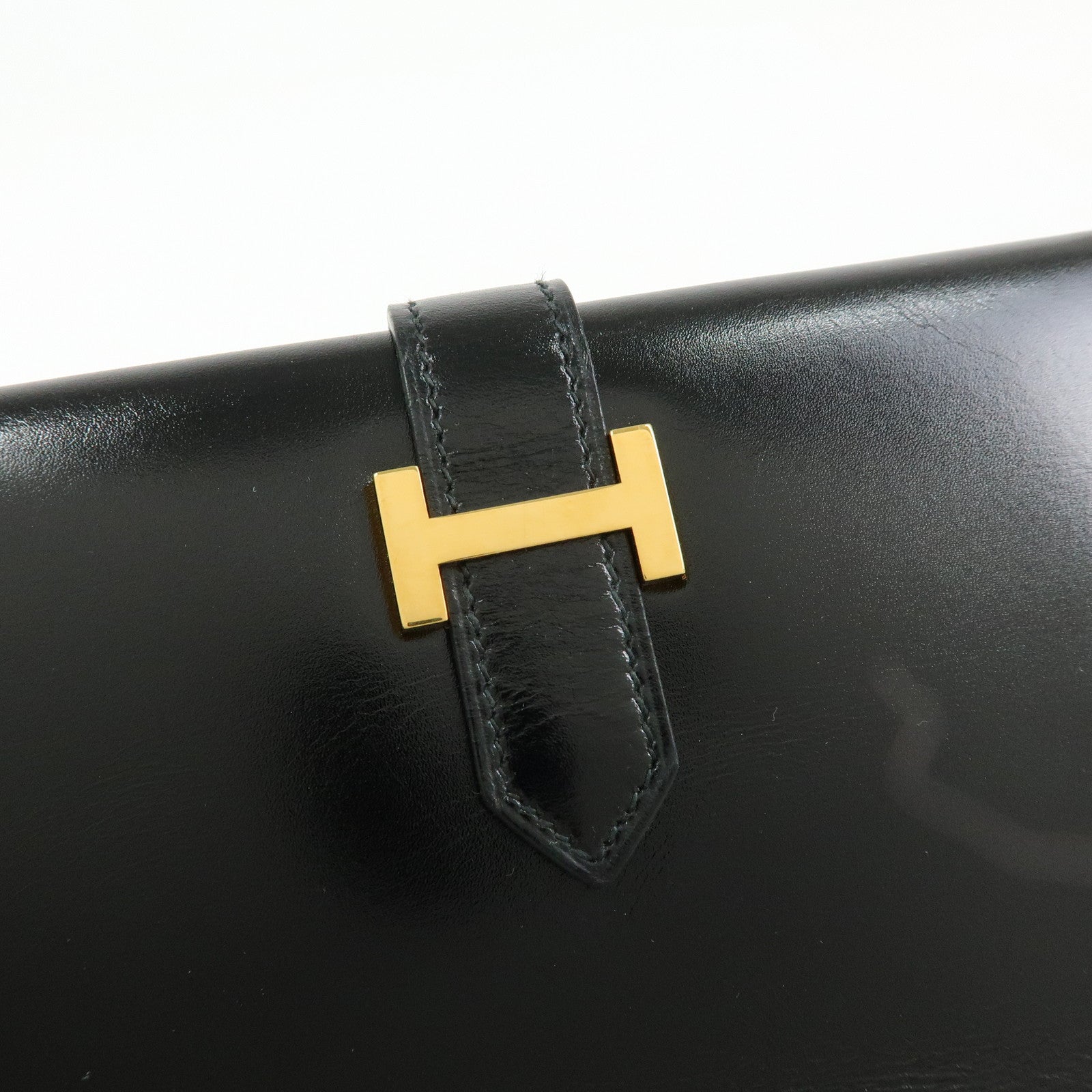 HERMES Bearn Box Calf Bi-fold Long Wallet 〇QStamped Black Gold