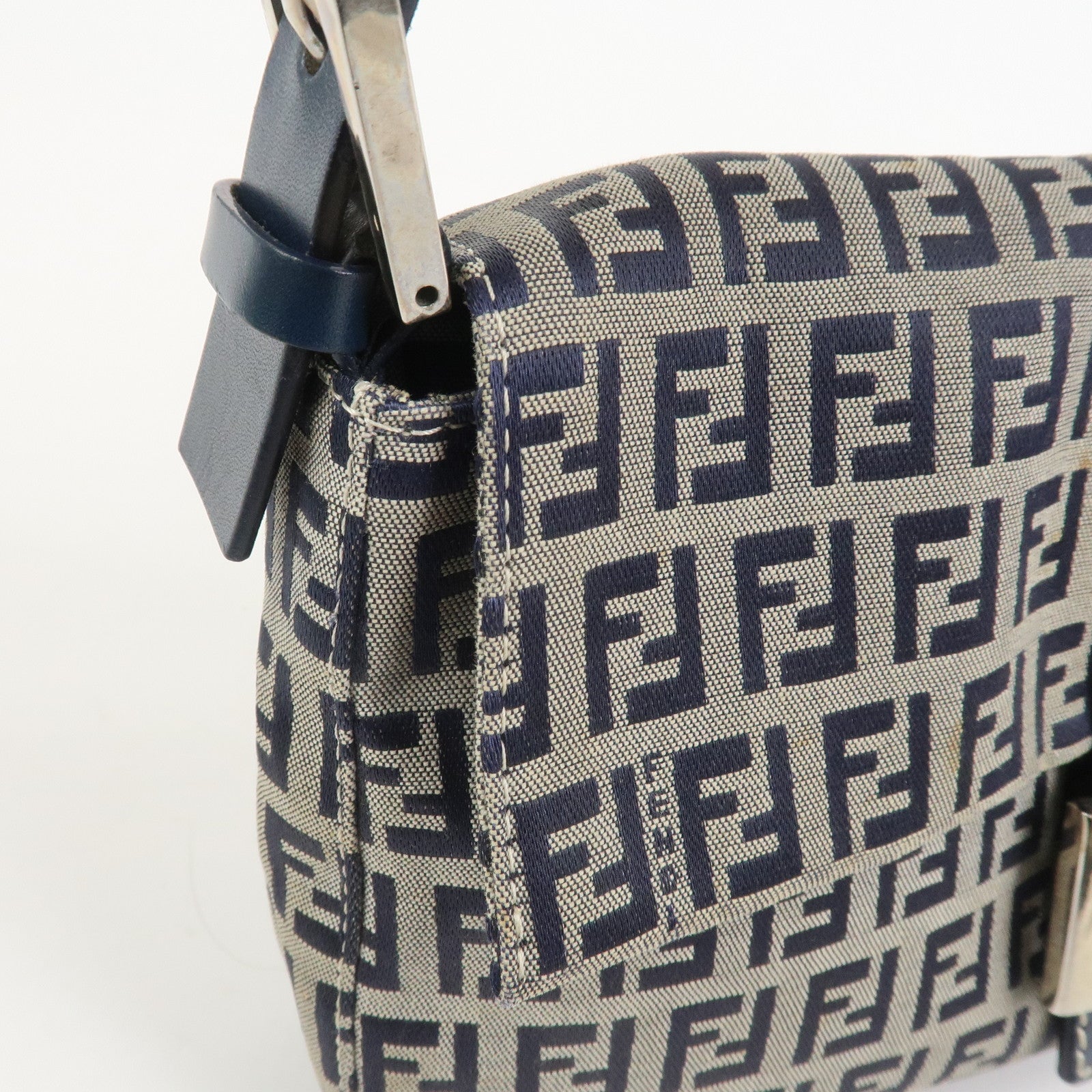 FENDI Mamma Baguette Zucchino Canvas Shoulder Bag Navy 26424