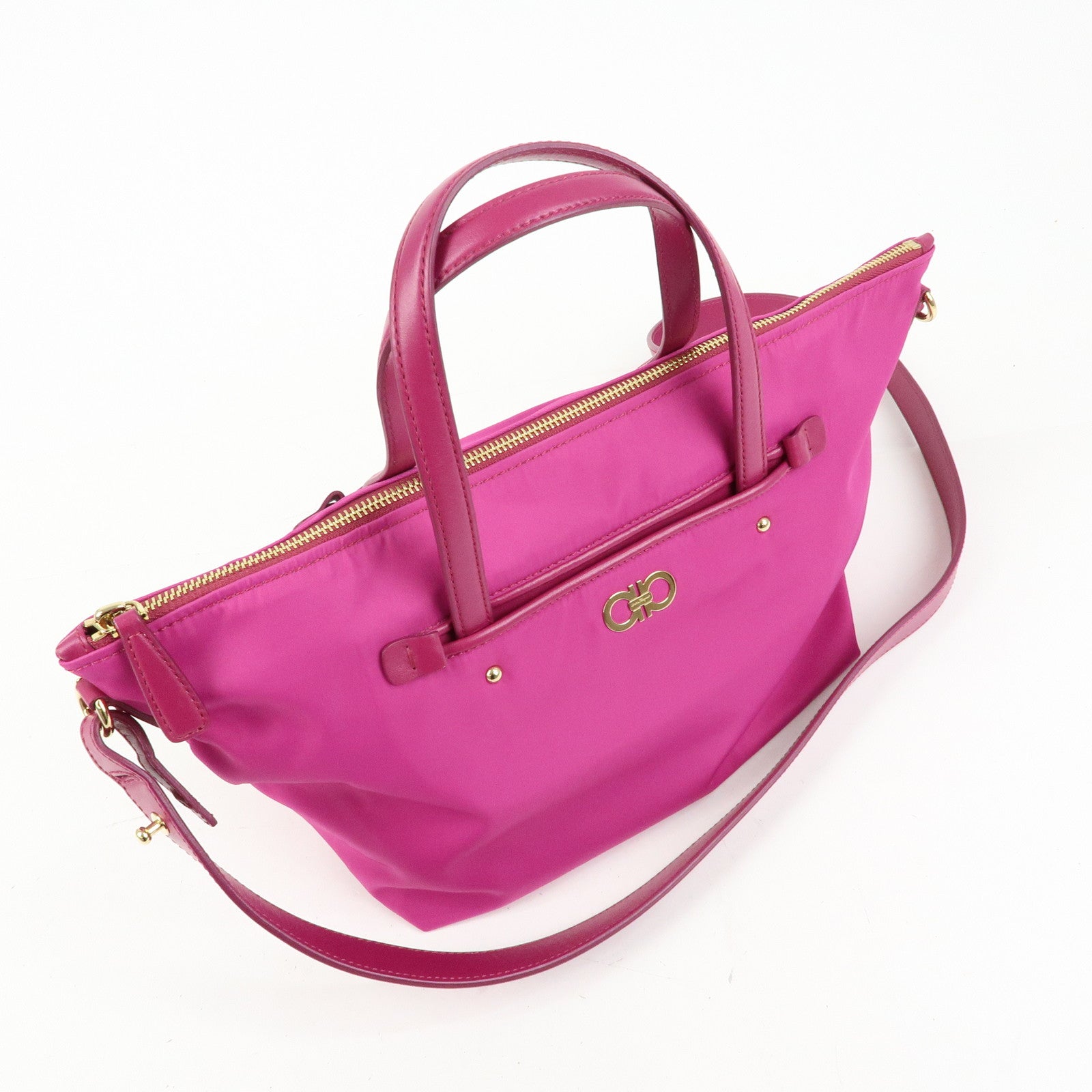 Ferragamo Gancini Nylon Leather 2Way Bag Hand Bag Shoulder Bag Pink