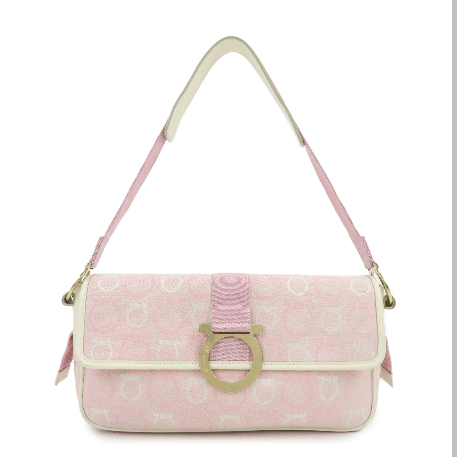 Ferragamo Gancini Canvas Leather Shoulder Bag Light Pink White