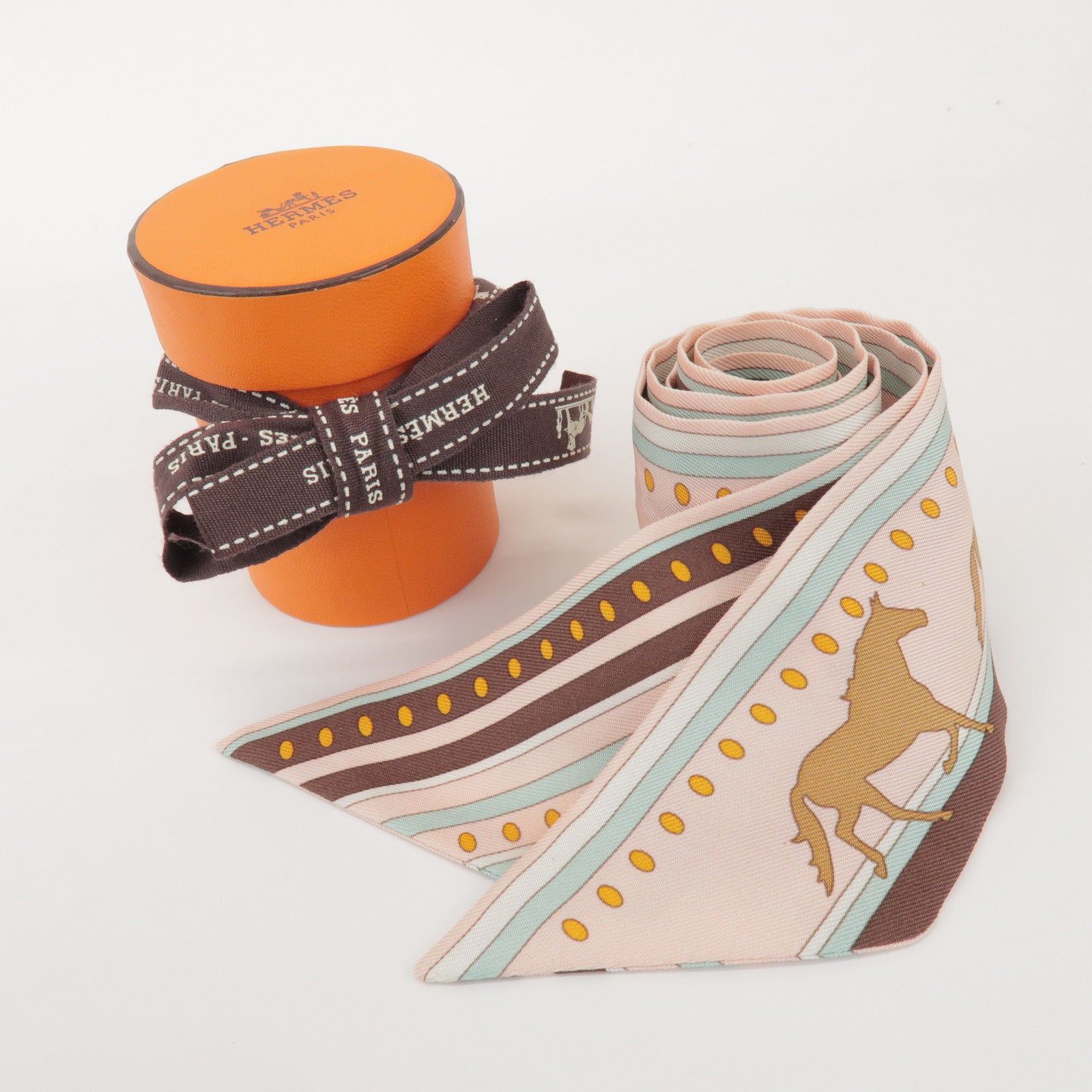 HERMES Twilly 100% Silk Scarf Sequence Pink Brown