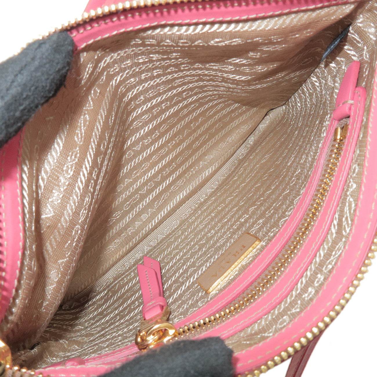 PRADA Logo Jacquard Leather Ribbon Shoulder Bag Beige Pink