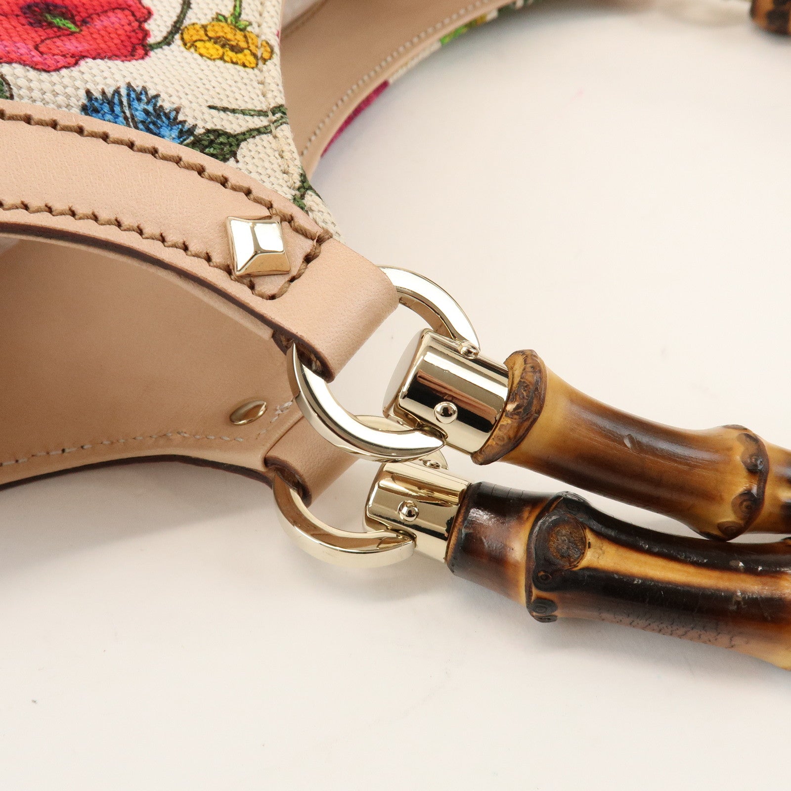 GUCCI Bamboo Flora Canvas Leather Hand Bag Multicolor Beige 137395